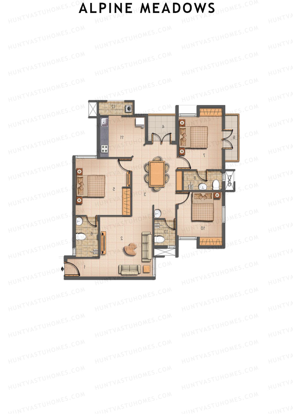 Alpine Meadows, Block 22, Unit A, 3BHK, Super Area 1248   sq ft 