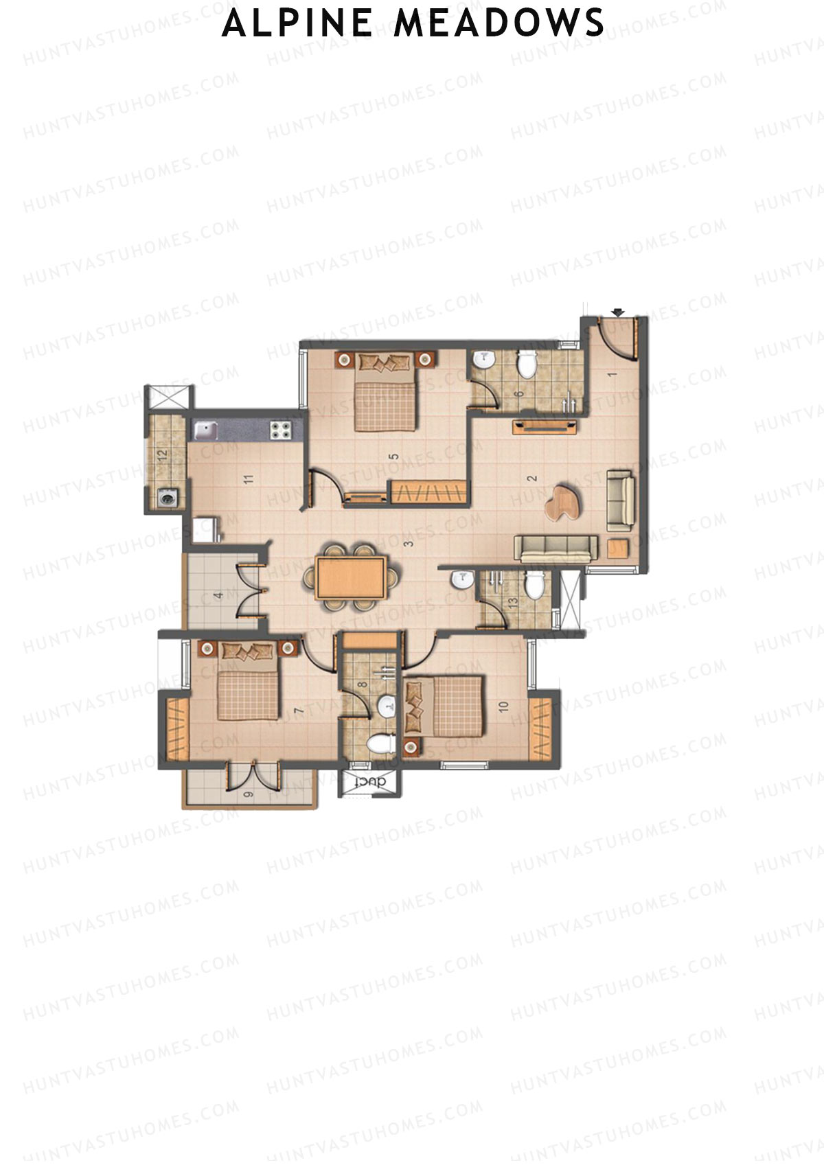 Alpine Meadows, Block 28, Unit A, 3BHK, Super Area 1248   sq ft 