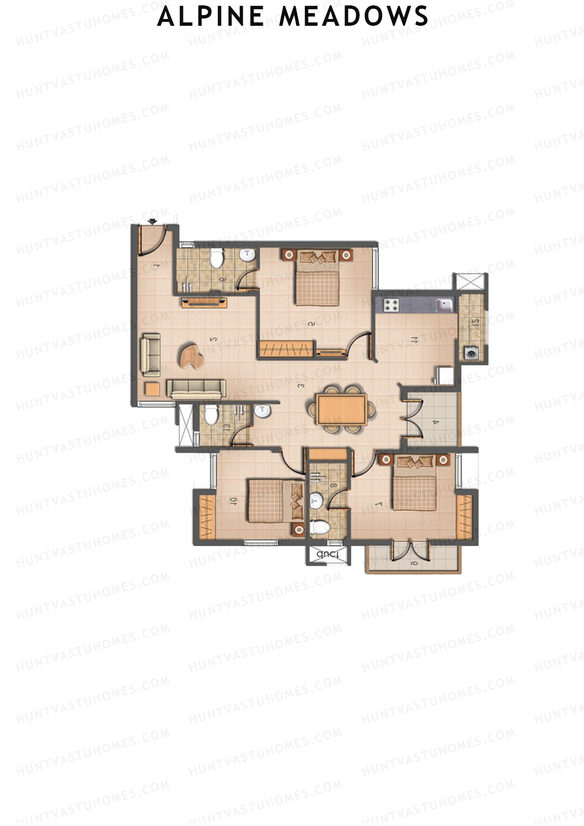 Alpine Meadows, Block 28, Unit B, 3BHK, Super Area 1248   sq ft 