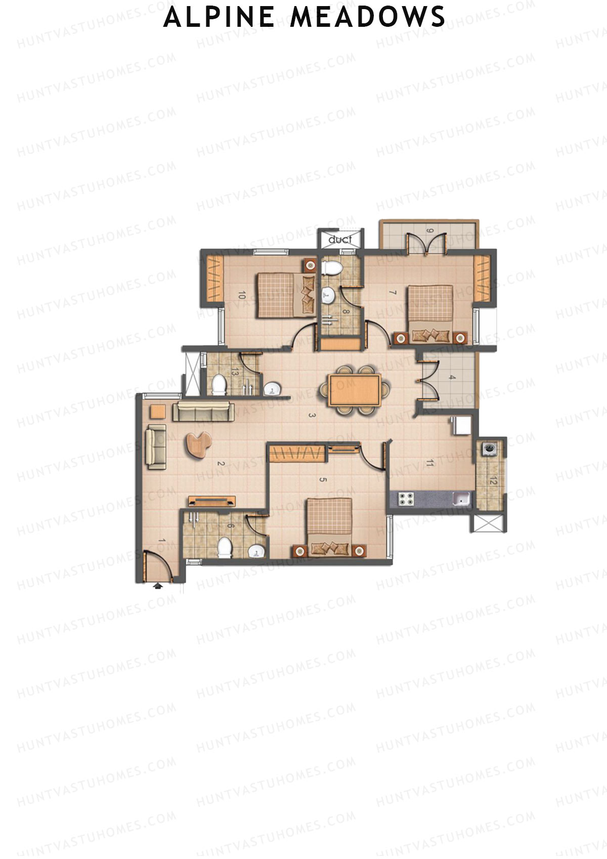 Alpine Meadows, Block 31, Unit G, 3BHK, Super Area 1248   sq ft 