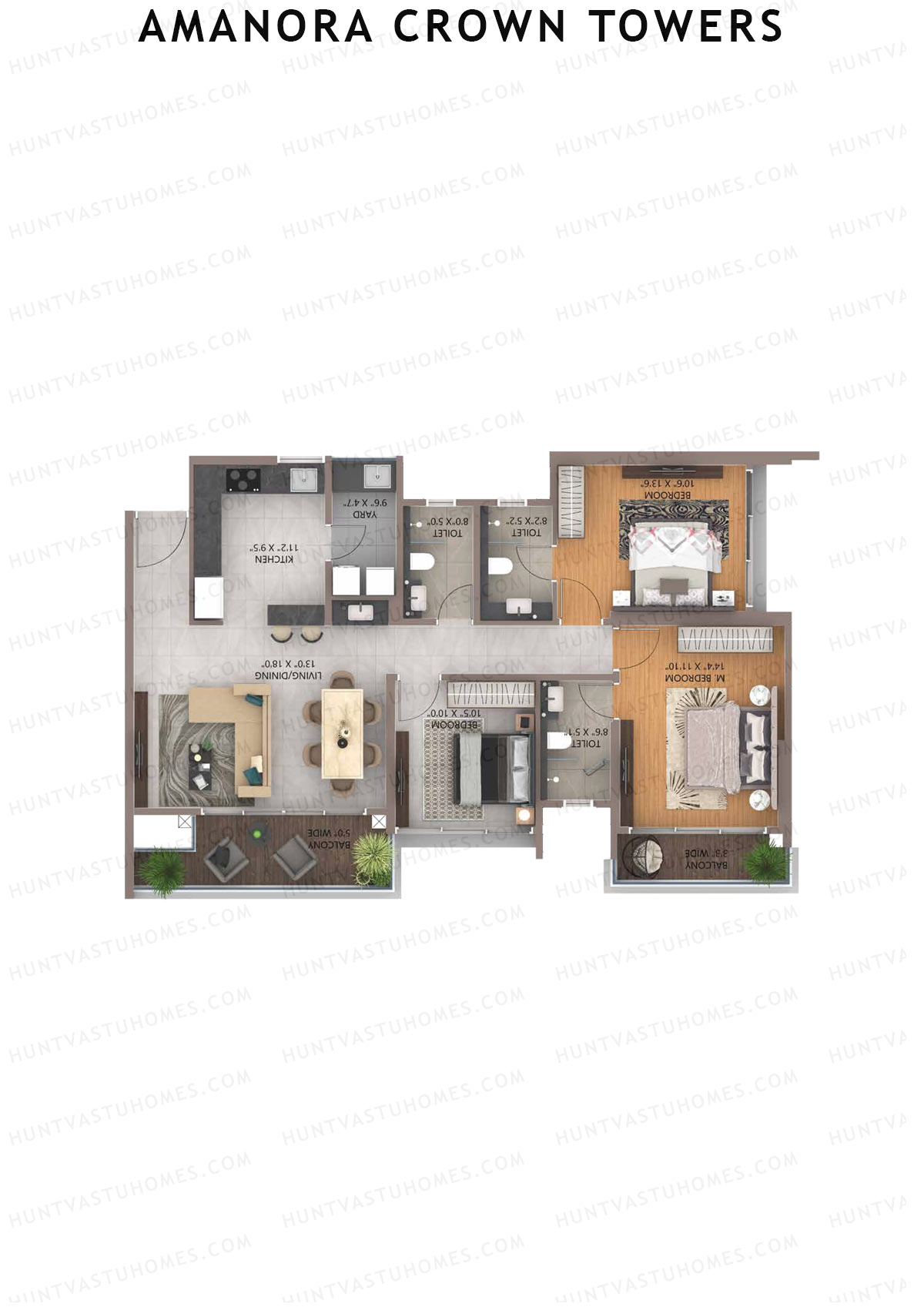 Amanora Crown Towers, Tower 92, Unit 1 (Type D), 3BHK, Carpet Area 1055   sq ft 