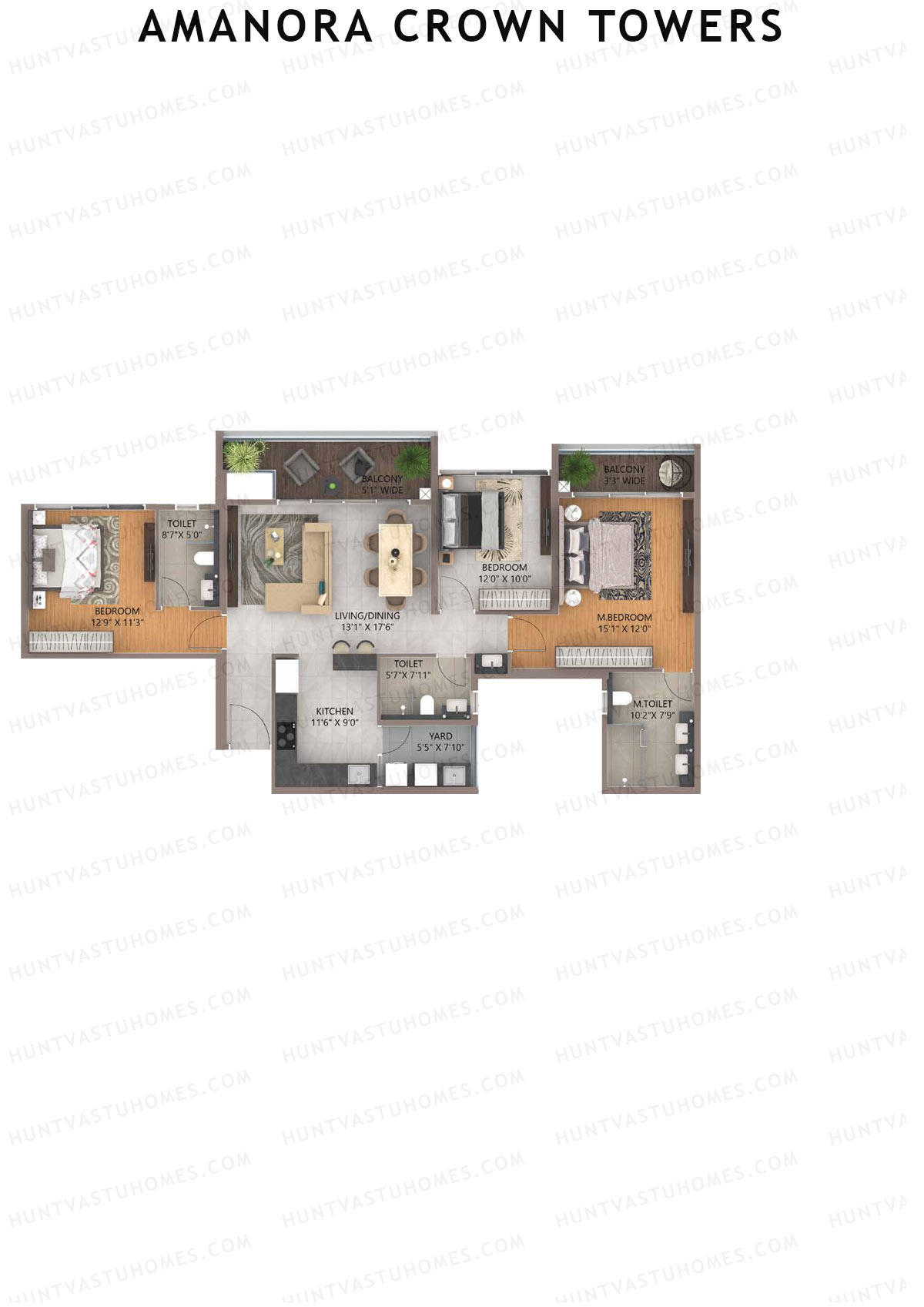 Amanora Crown Towers, Tower 92, Unit 3 (Type A), 3BHK, Carpet Area 1124   sq ft 