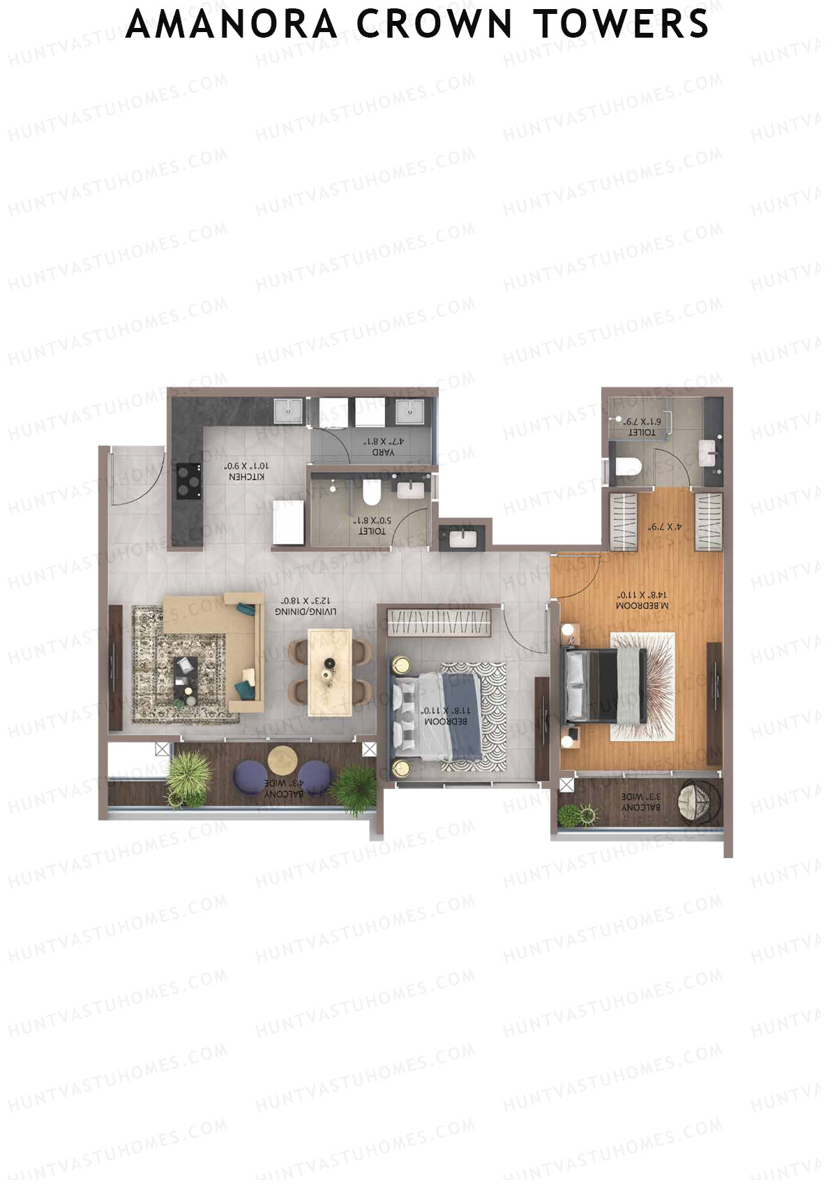 Amanora Crown Towers, Tower 92, Unit 4 (Type B), 2BHK, Carpet Area 851   sq ft 