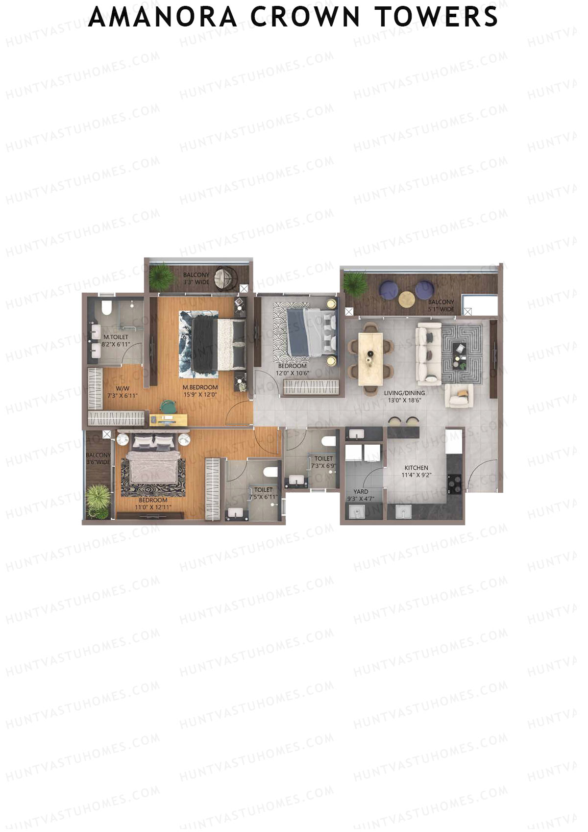 Amanora Crown Towers, Tower 92, Unit 5 (Type B), 3BHK, Carpet Area 1199   sq ft 
