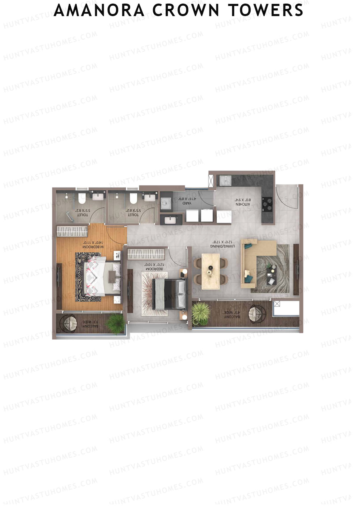 Amanora Crown Towers, Tower 92, Unit 6 (Type A), 2BHK, Carpet Area 775   sq ft 