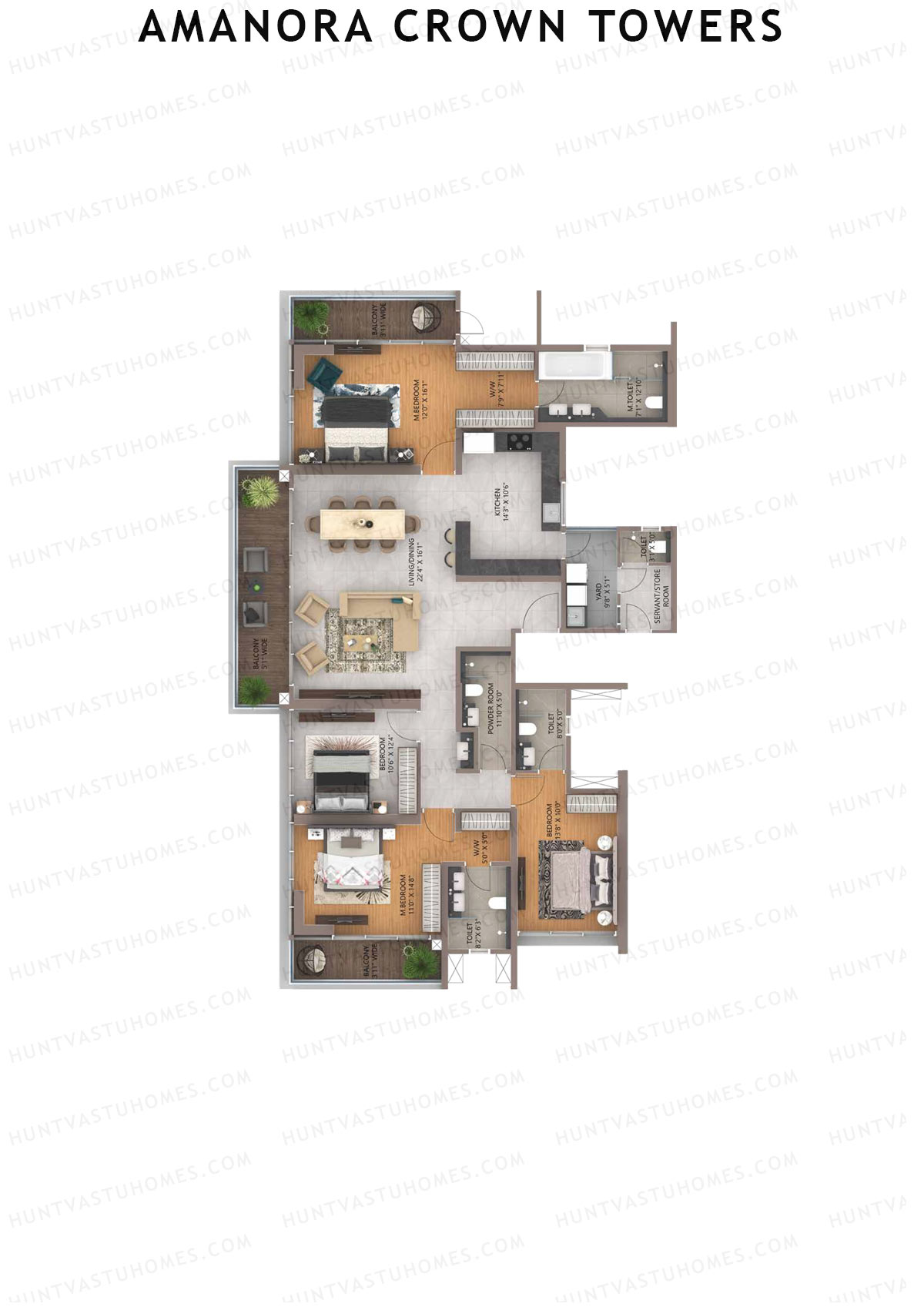 Amanora Crown Towers, Tower 93, Unit 1 (Type A), 4BHK, Carpet Area 1753   sq ft 