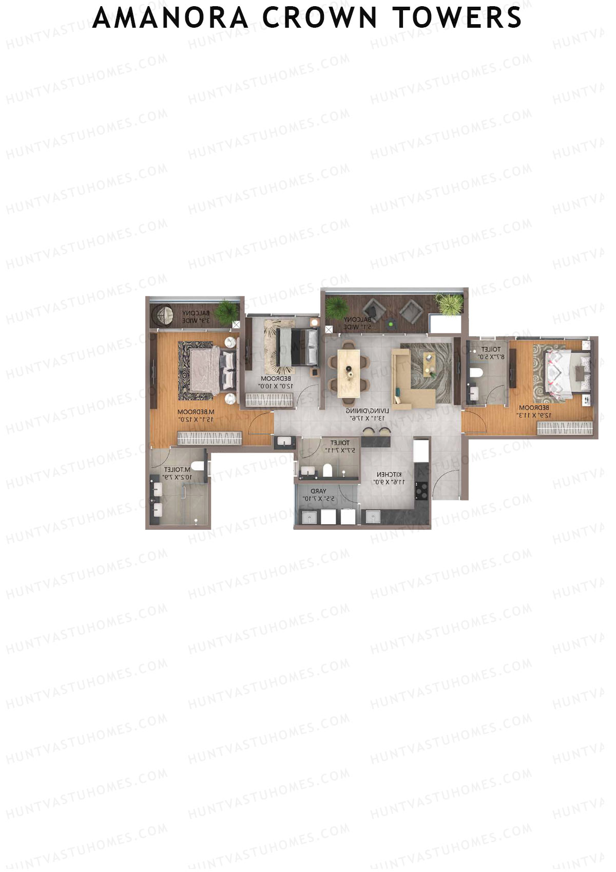 Amanora Crown Towers, Tower 93, Unit 2 (Type A), 3BHK, Carpet Area 1124   sq ft 