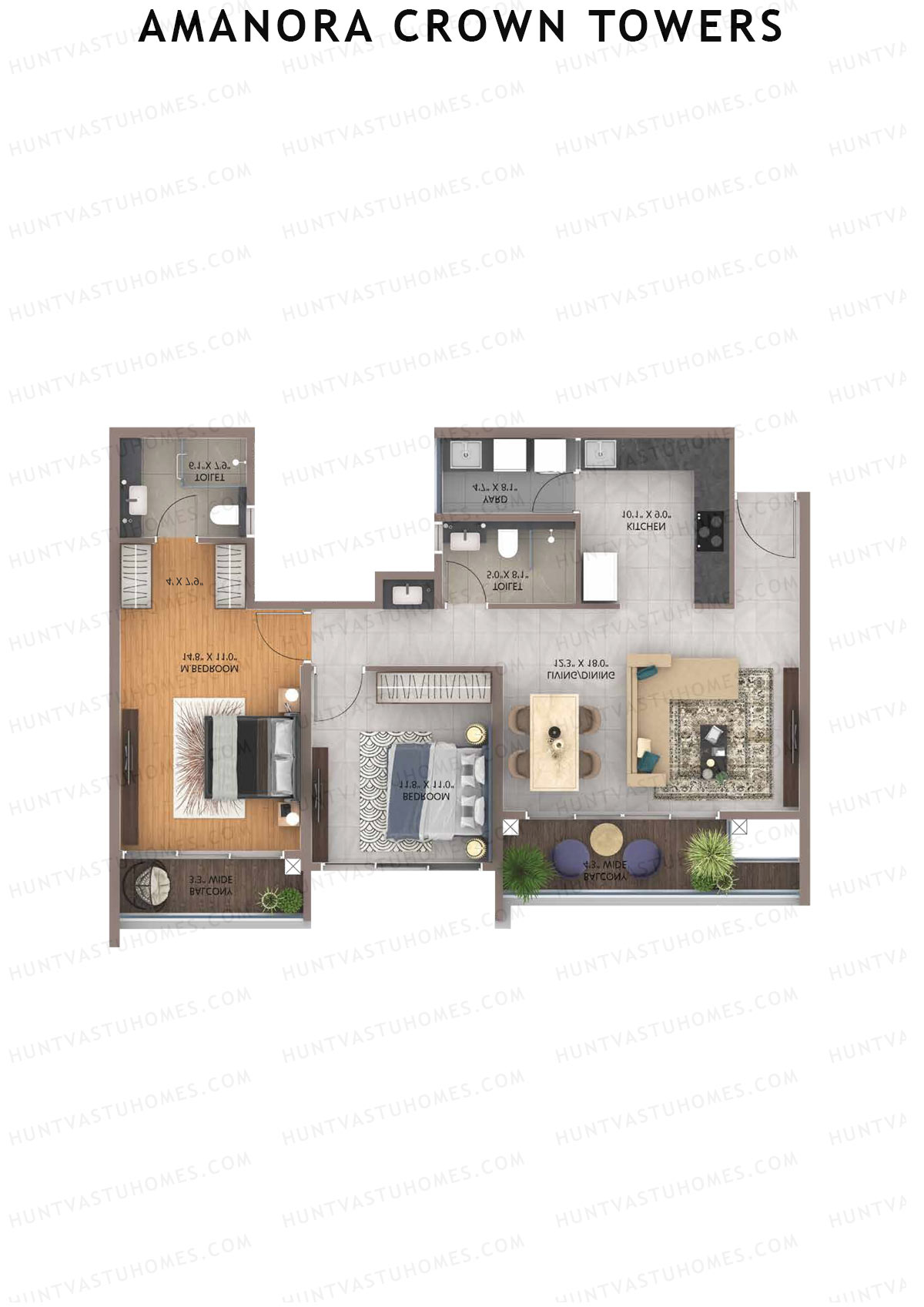 Amanora Crown Towers, Tower 93, Unit 3 (Type B), 2BHK, Carpet Area 851   sq ft 