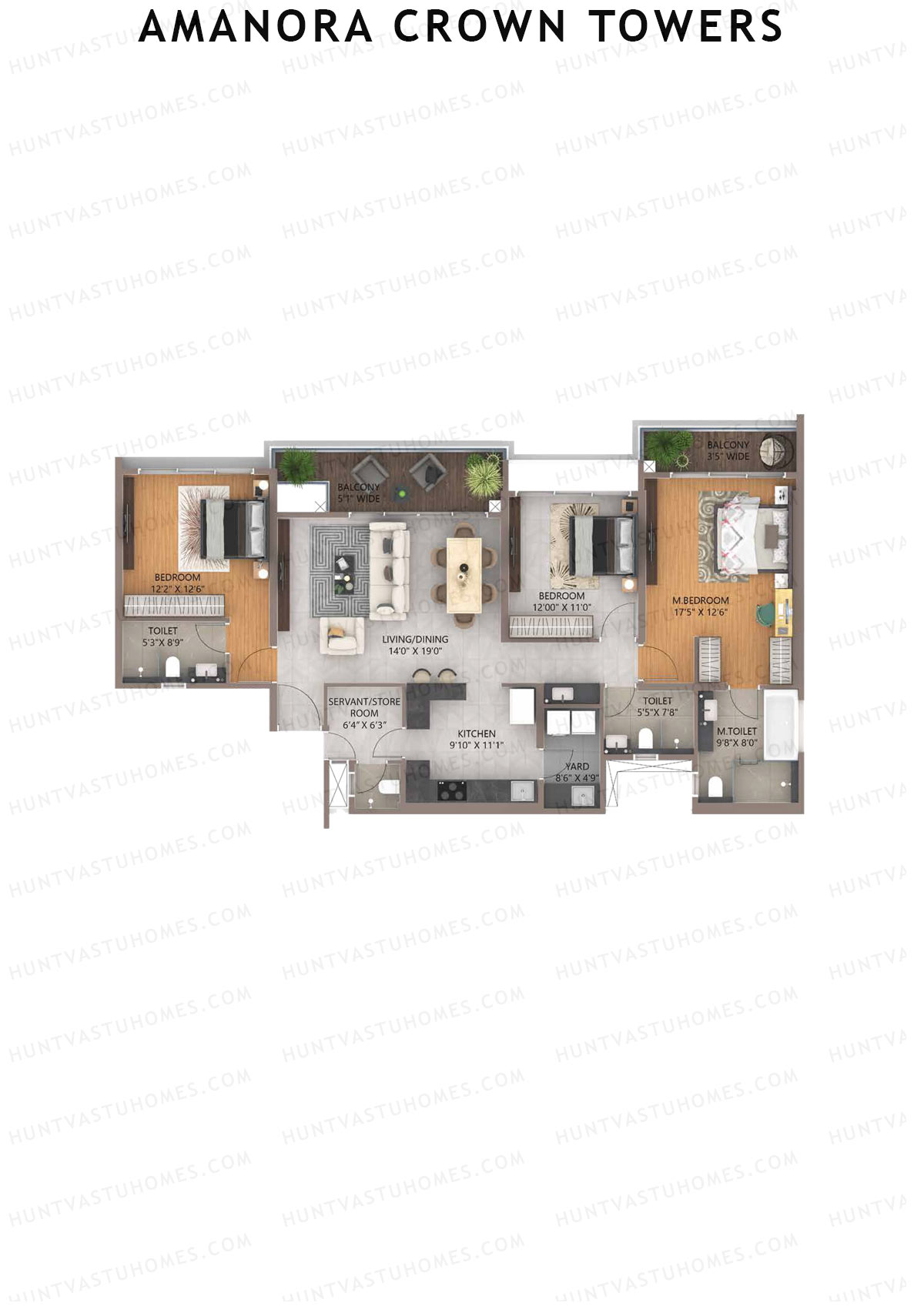 Amanora Crown Towers, Tower 93, Unit 4 (Type C), 3BHK, Carpet Area 1272   sq ft 
