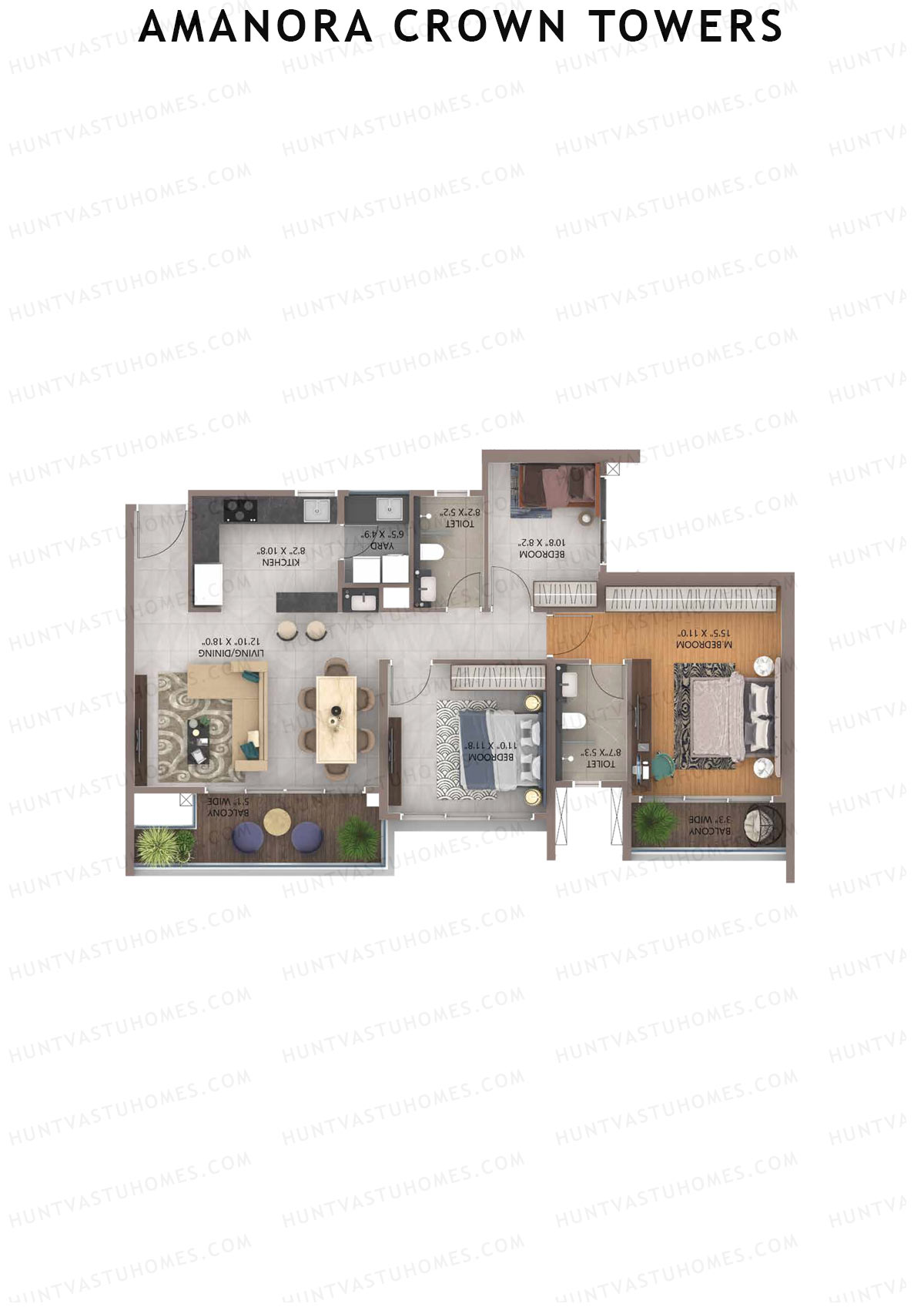 Amanora Crown Towers, Tower 93, Unit 5 (Type A), 3BHK, Carpet Area 957   sq ft 