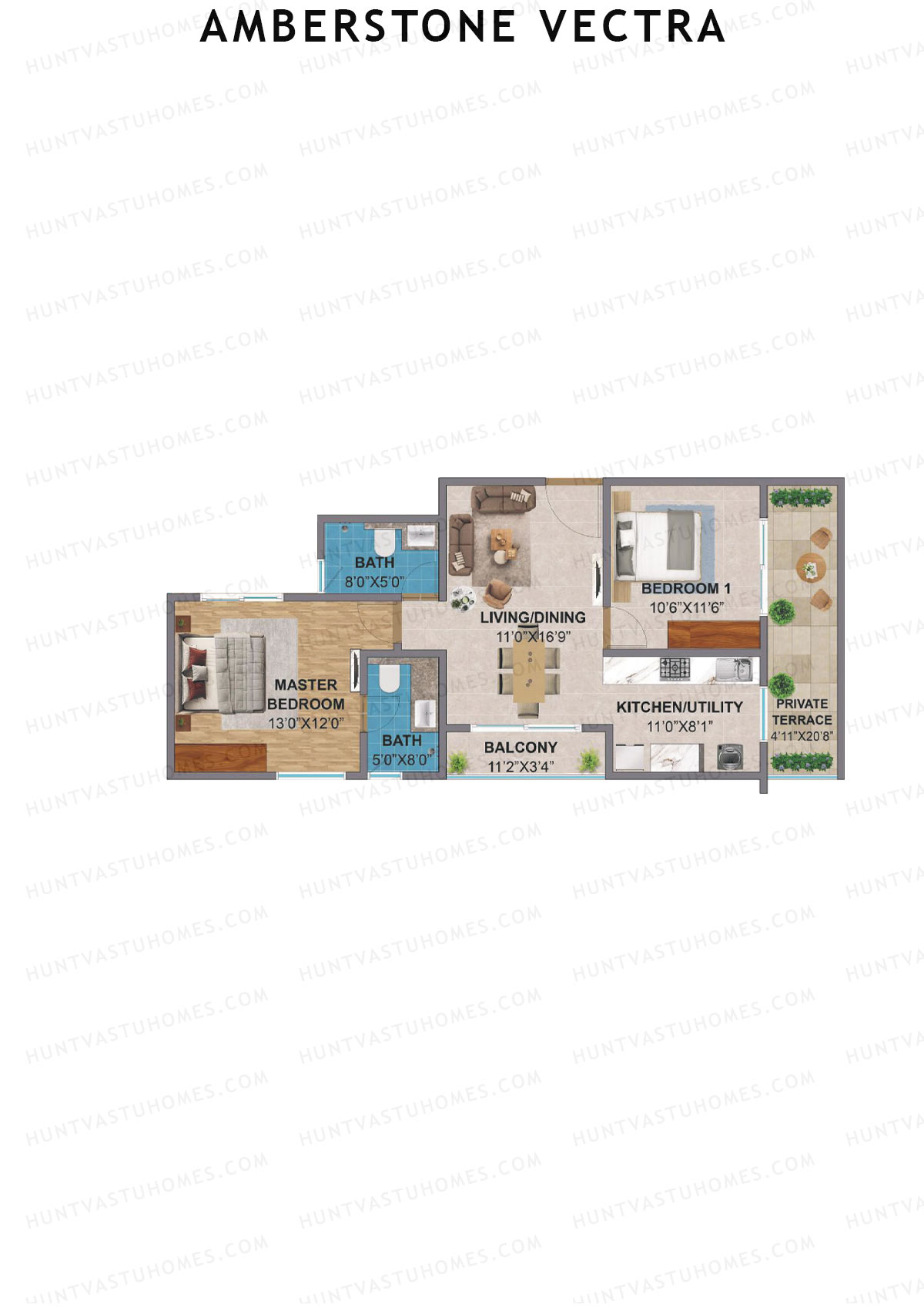 Amberstone Vectra, Block B, Unit 5, 2BHK, Super Area 1070   sq ft 