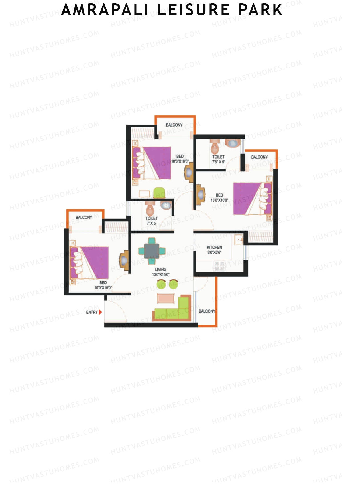 Amrapali Leisure Park, Tower B3, Unit 3, 3BHK, Super Area 1095   sq ft 