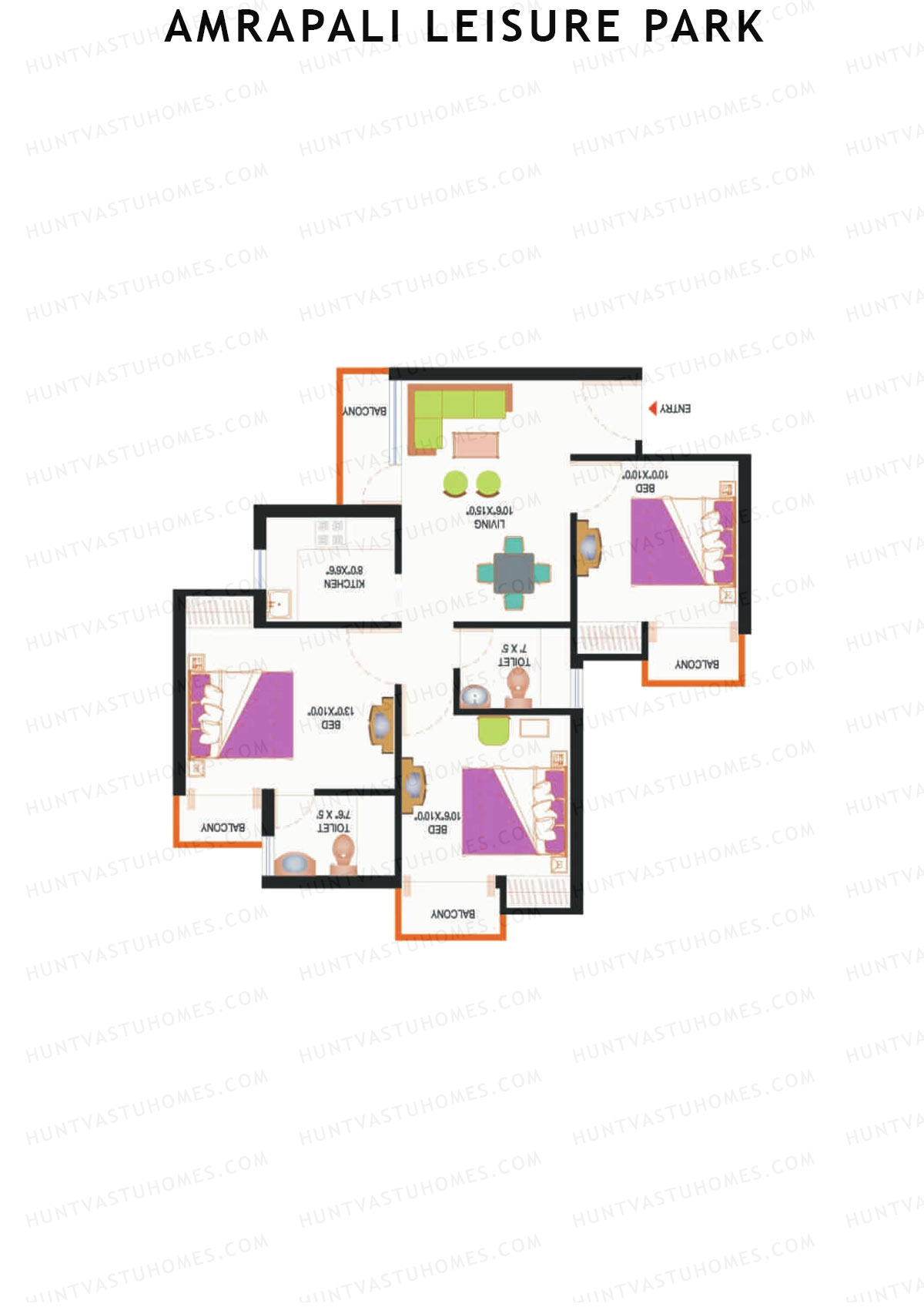 Amrapali Leisure Park, Tower B3, Unit 6, 3BHK, Super Area 1095   sq ft 
