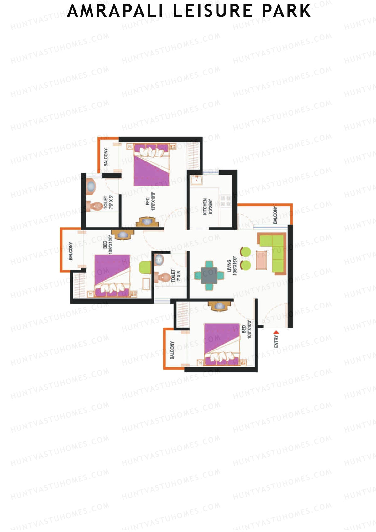Amrapali Leisure Park, Tower C2, Unit 3, 3BHK, Super Area 1095   sq ft 