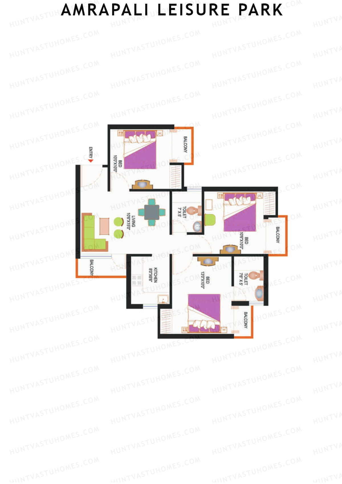 Amrapali Leisure Park, Tower C2, Unit 6, 3BHK, Super Area 1095   sq ft 
