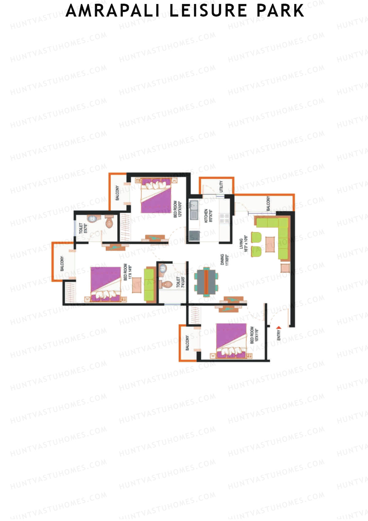 Amrapali Leisure Park, Tower E4, Unit 2, 3BHK, Super Area 1380   sq ft 