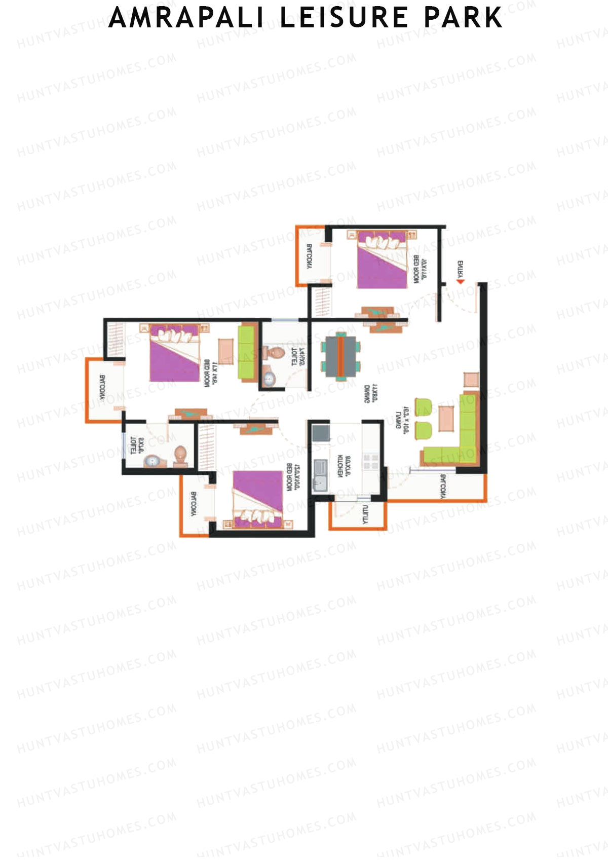 Amrapali Leisure Park, Tower E4, Unit 3, 3BHK, Super Area 1380   sq ft 