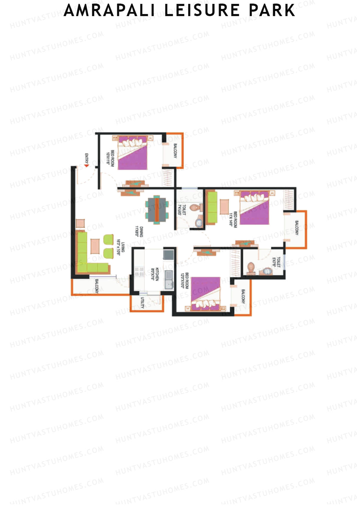 Amrapali Leisure Park, Tower F1, Unit 3, 3BHK, Super Area 1380   sq ft 