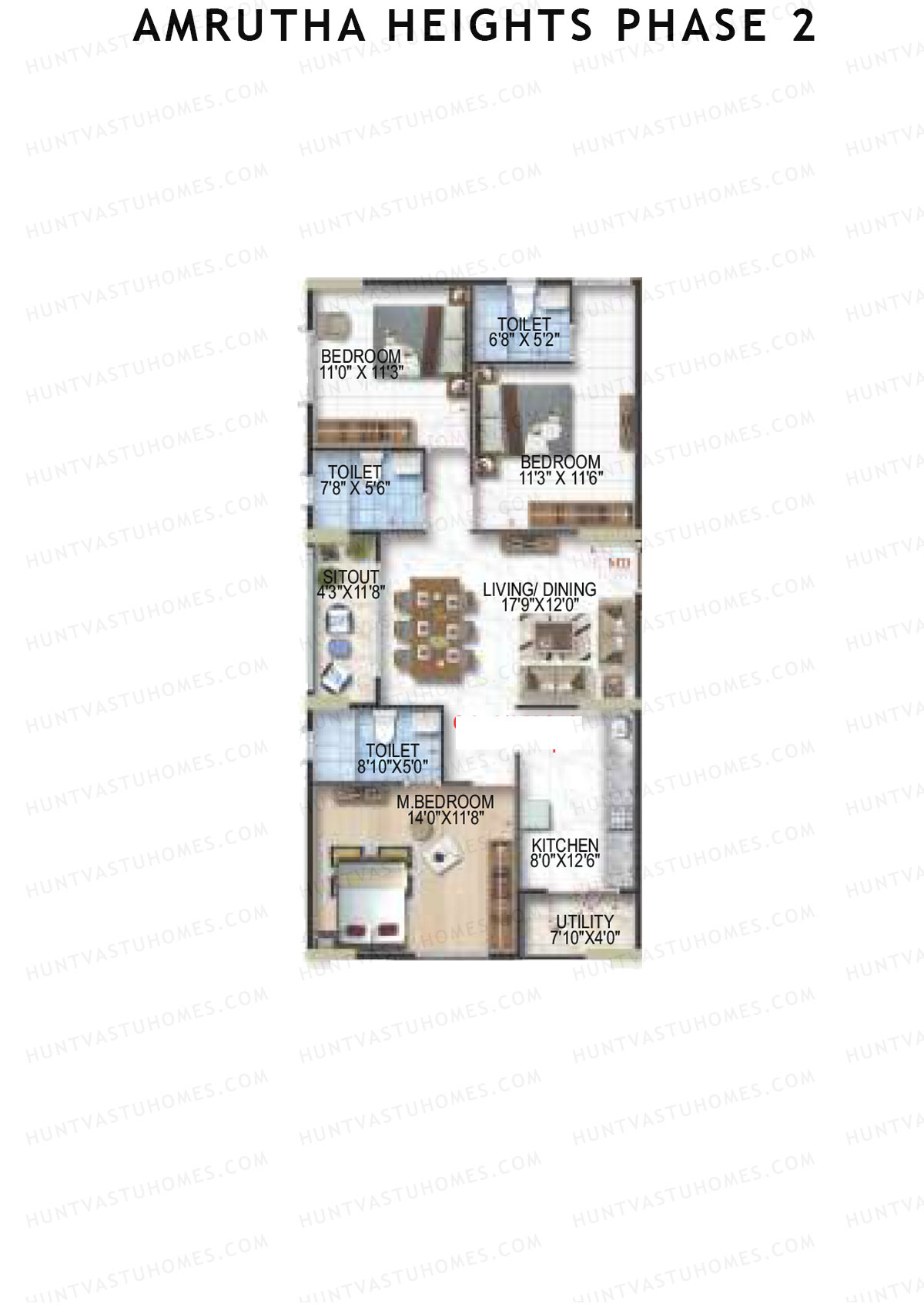 Amrutha Heights Phase 2, Tower A, Unit 10, 3BHK, Super Area 1396   sq ft 