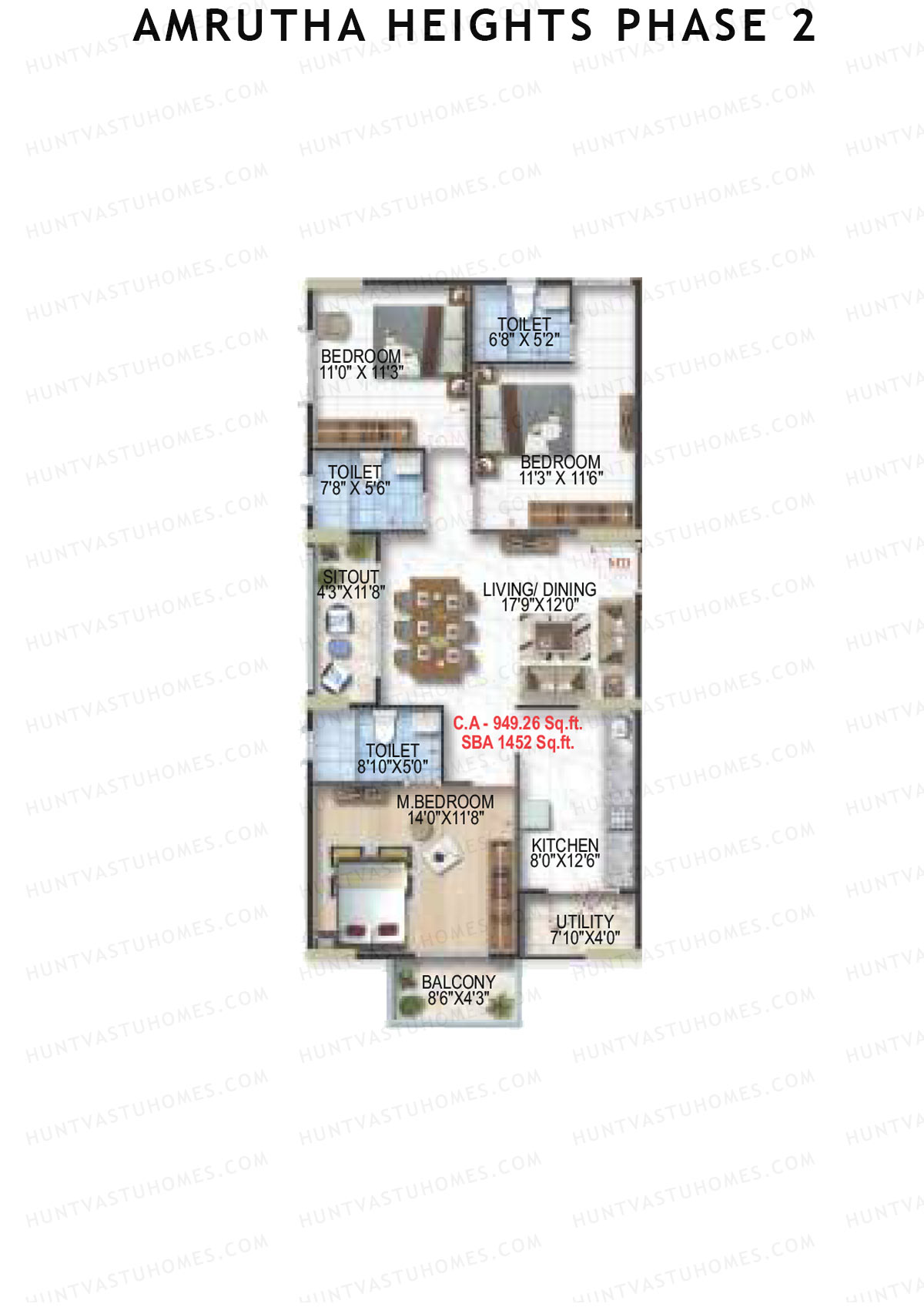 Amrutha Heights Phase 2, Tower A, Unit 10, 3BHK, Super Area 1452   sq ft 