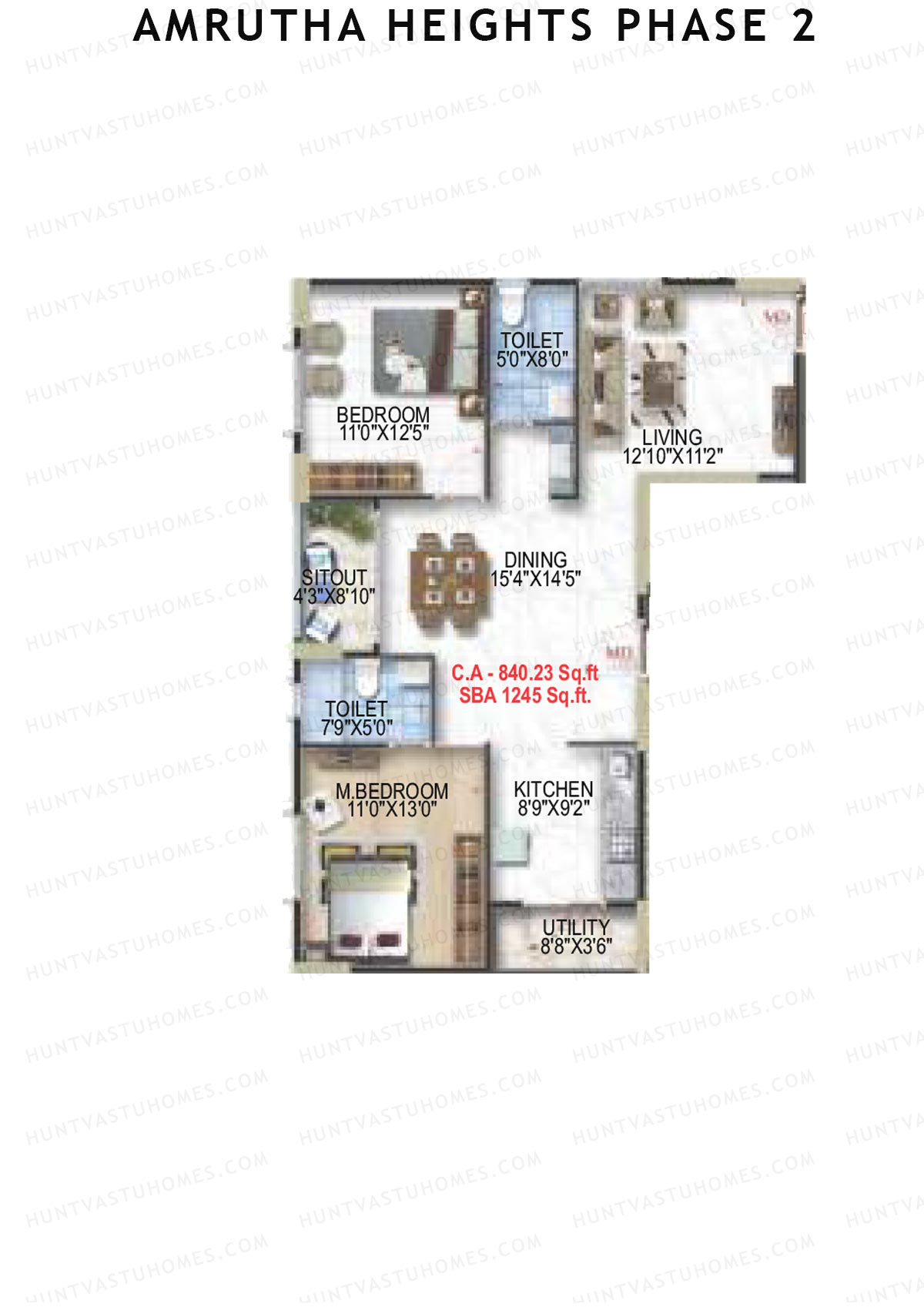 Amrutha Heights Phase 2, Tower A, Unit 11, 2BHK, Super Area 1244   sq ft 