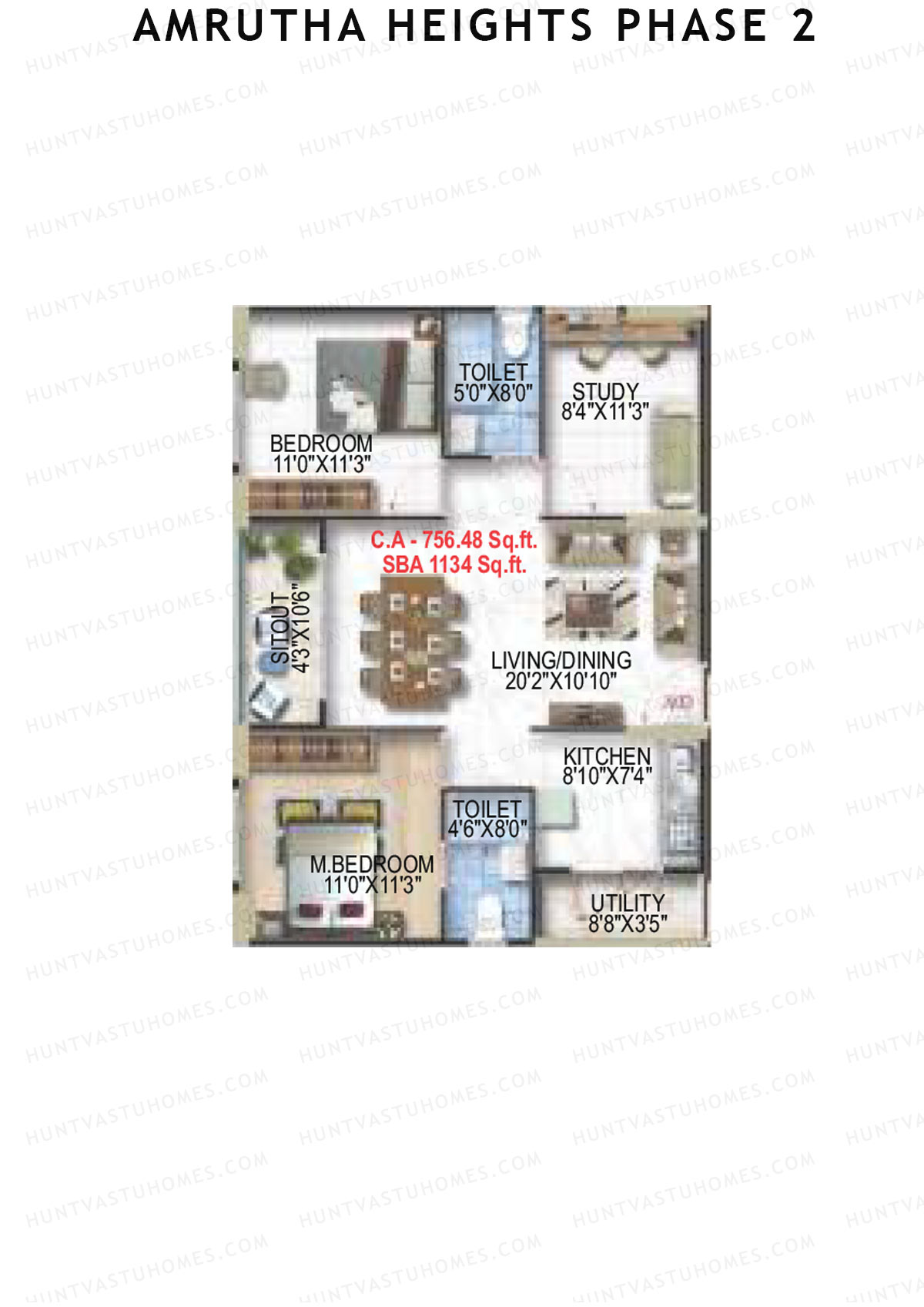 Amrutha Heights Phase 2, Tower A, Unit 12, 2BHK, Super Area 1134   sq ft 