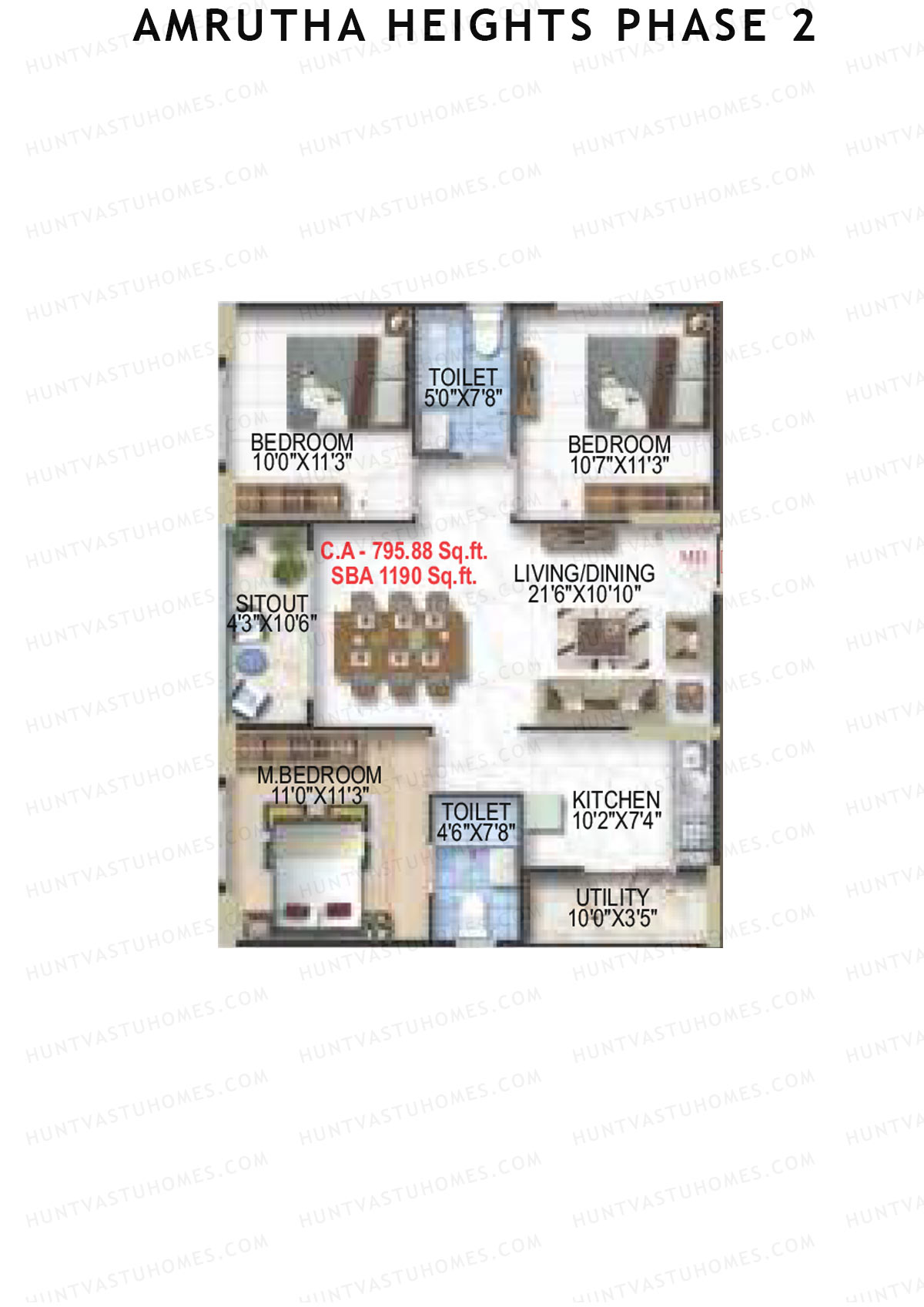 Amrutha Heights Phase 2, Tower A, Unit 13, 3BHK, Super Area 1190   sq ft 