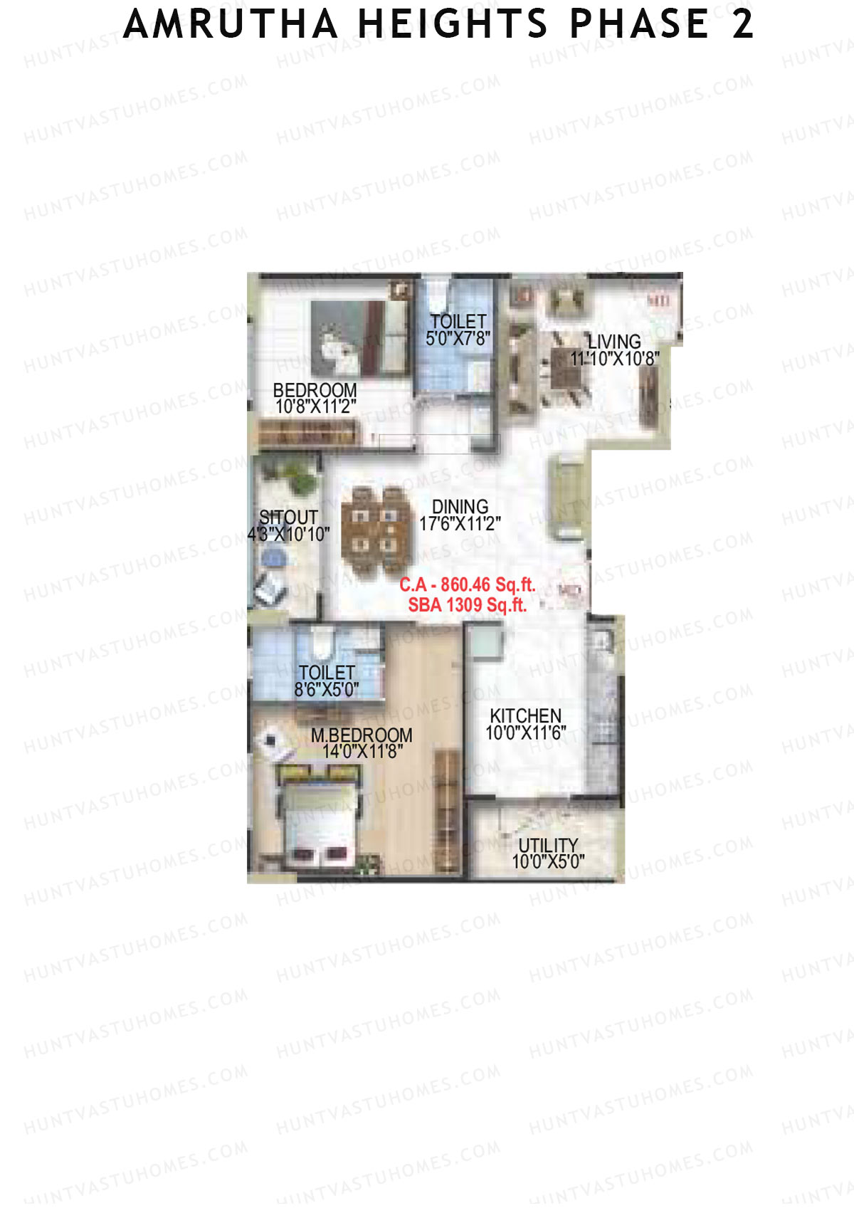 Amrutha Heights Phase 2, Tower A, Unit 14, 2BHK, Super Area 1309   sq ft 