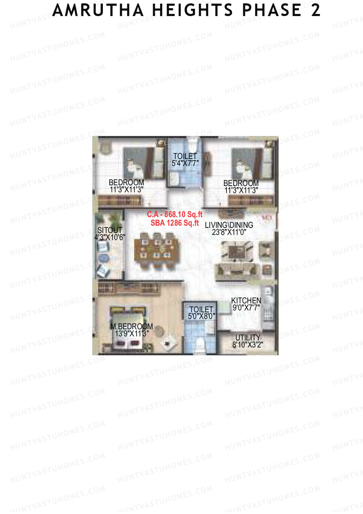 Amrutha Heights Phase 2, Tower A, Unit 15, 3BHK, Super Area 1286   sq ft 