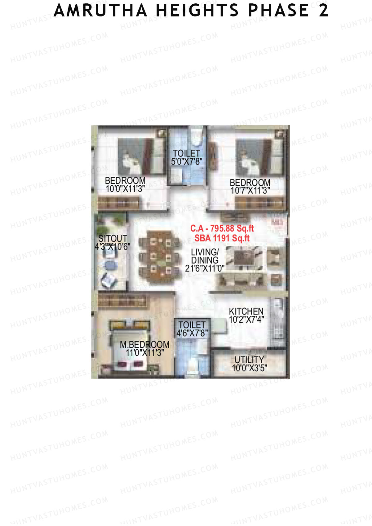 Amrutha Heights Phase 2, Tower A, Unit 16, 3BHK, Super Area 1192   sq ft 