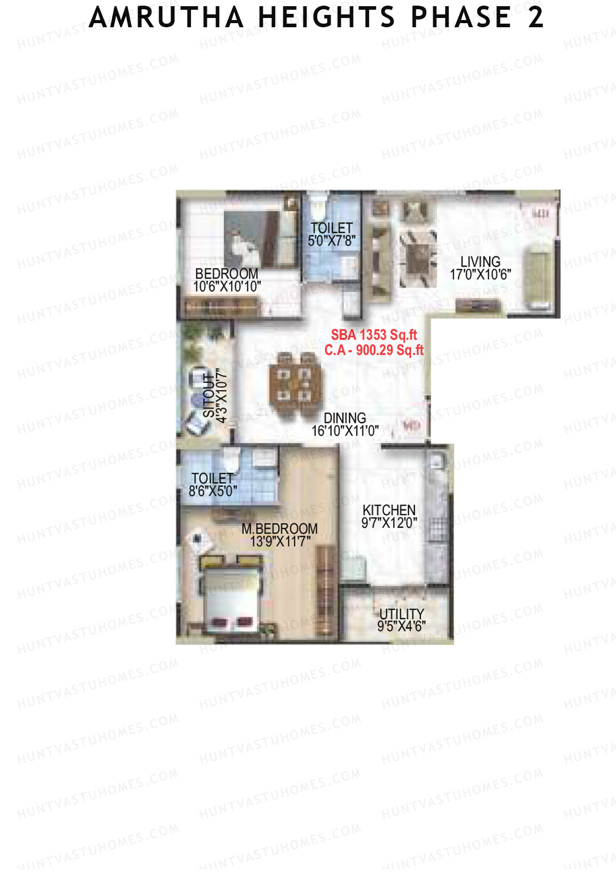 Amrutha Heights Phase 2, Tower A, Unit 17, 2BHK, Super Area 1352   sq ft 