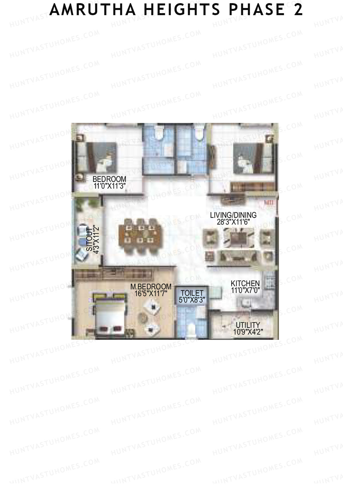 Amrutha Heights Phase 2, Tower A, Unit 18, 3BHK, Super Area 1526   sq ft 