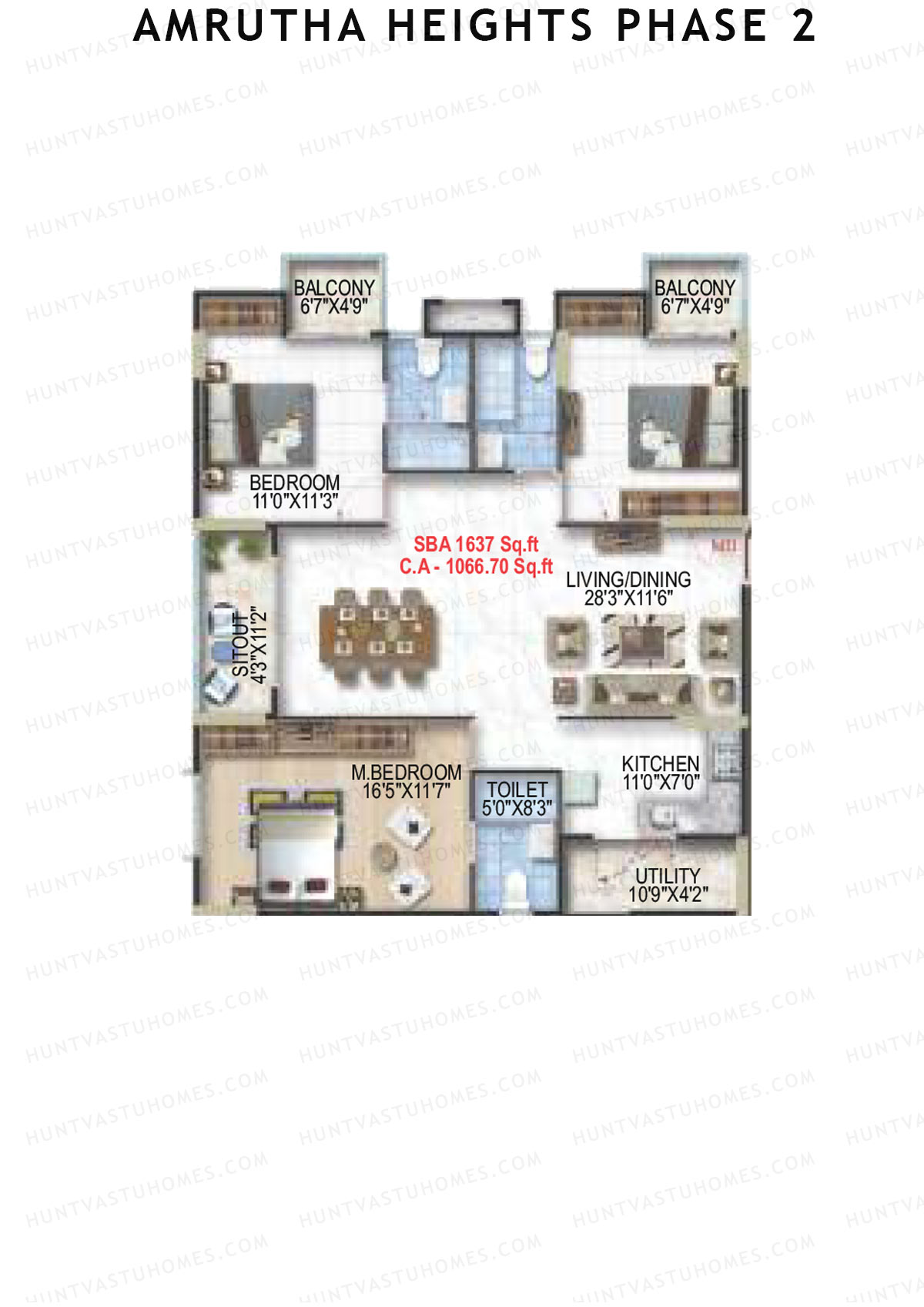 Amrutha Heights Phase 2, Tower A, Unit 18, 3BHK, Super Area 1637   sq ft 
