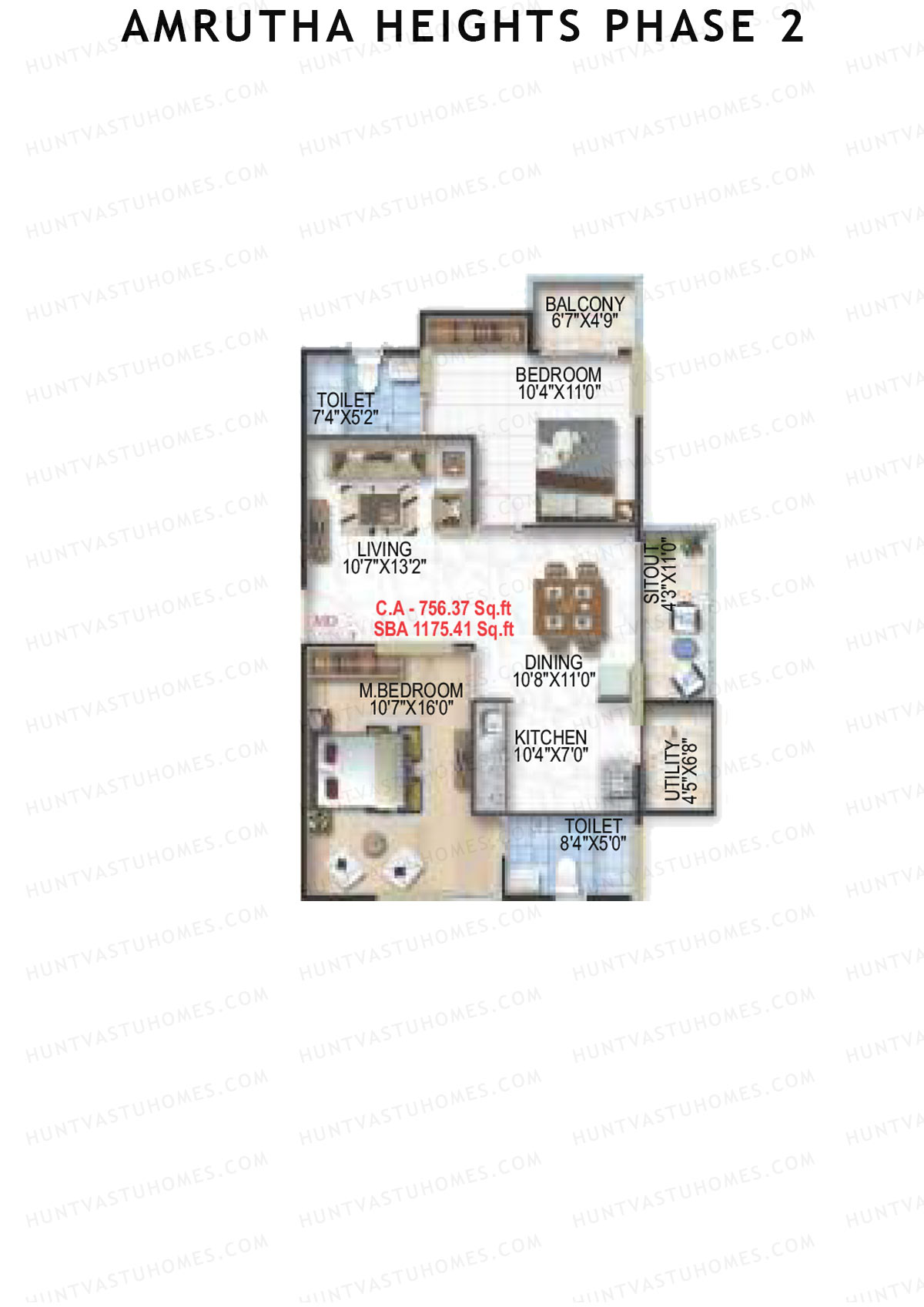 Amrutha Heights Phase 2, Tower A, Unit 1, 2BHK, Super Area 1175   sq ft 