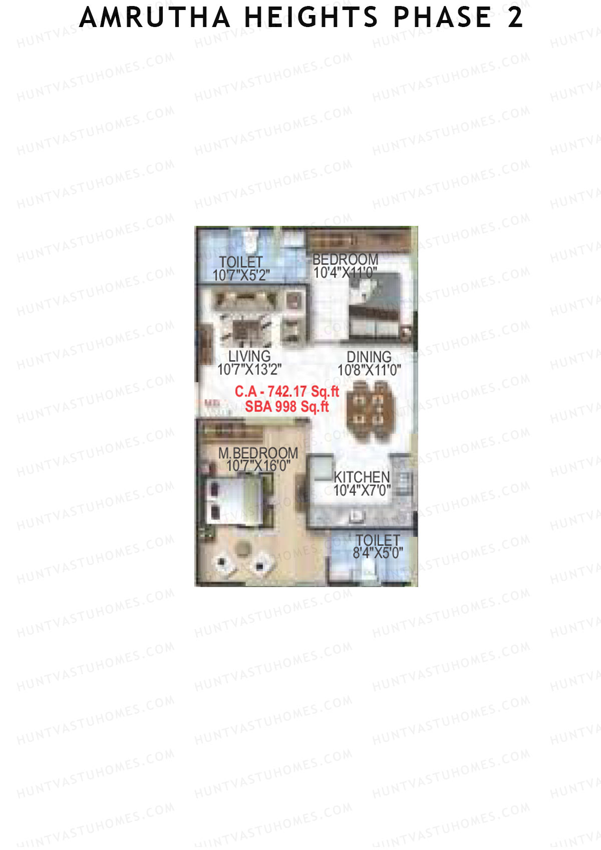 Amrutha Heights Phase 2, Tower A, Unit 1, 2BHK, Super Area 998   sq ft 