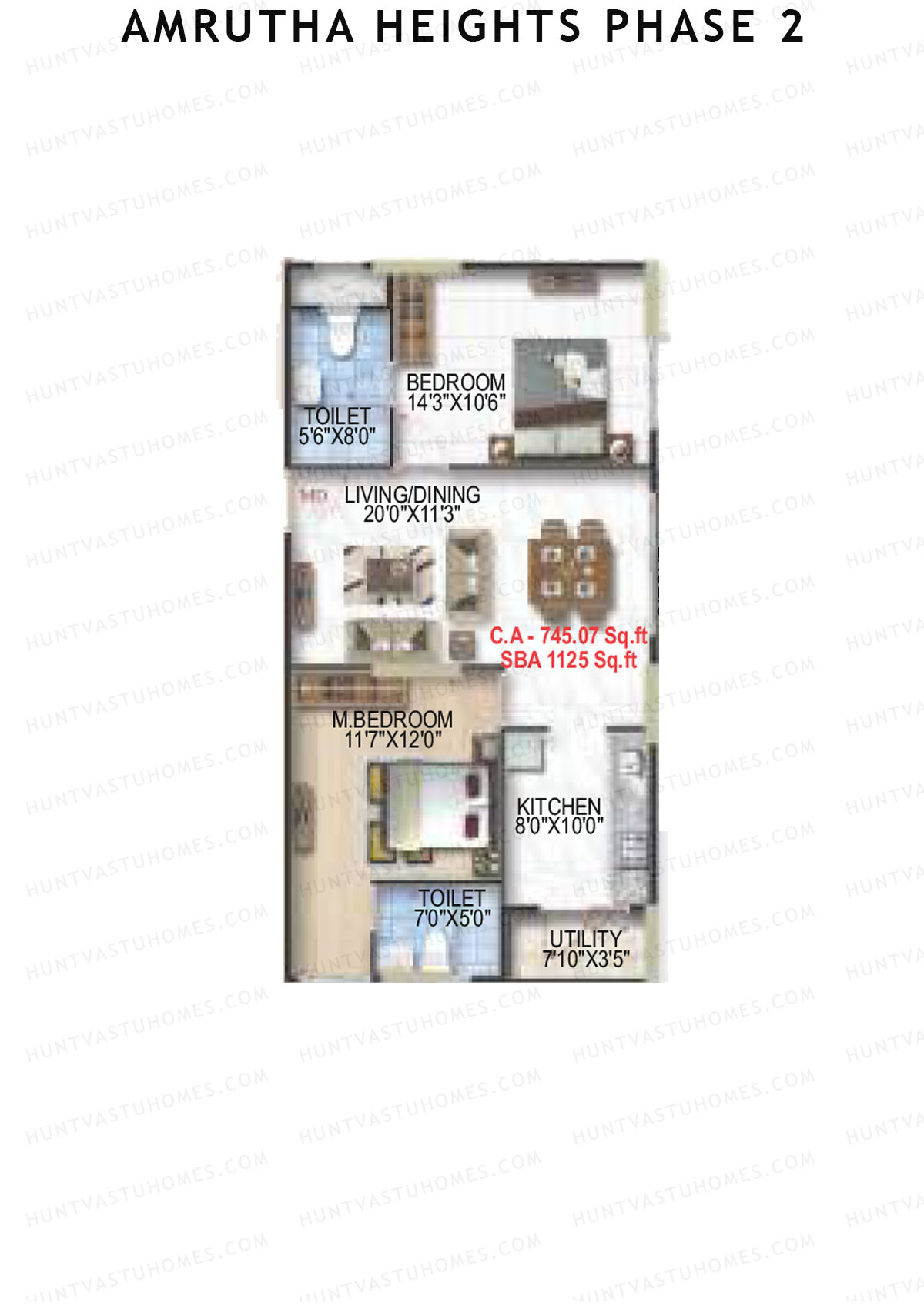 Amrutha Heights Phase 2, Tower A, Unit 2, 2BHK, Super Area 1038   sq ft 