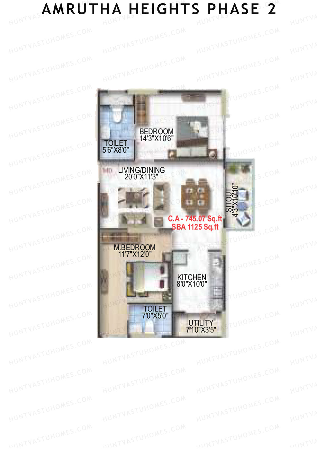 Amrutha Heights Phase 2, Tower A, Unit 2, 2BHK, Super Area 1125   sq ft 
