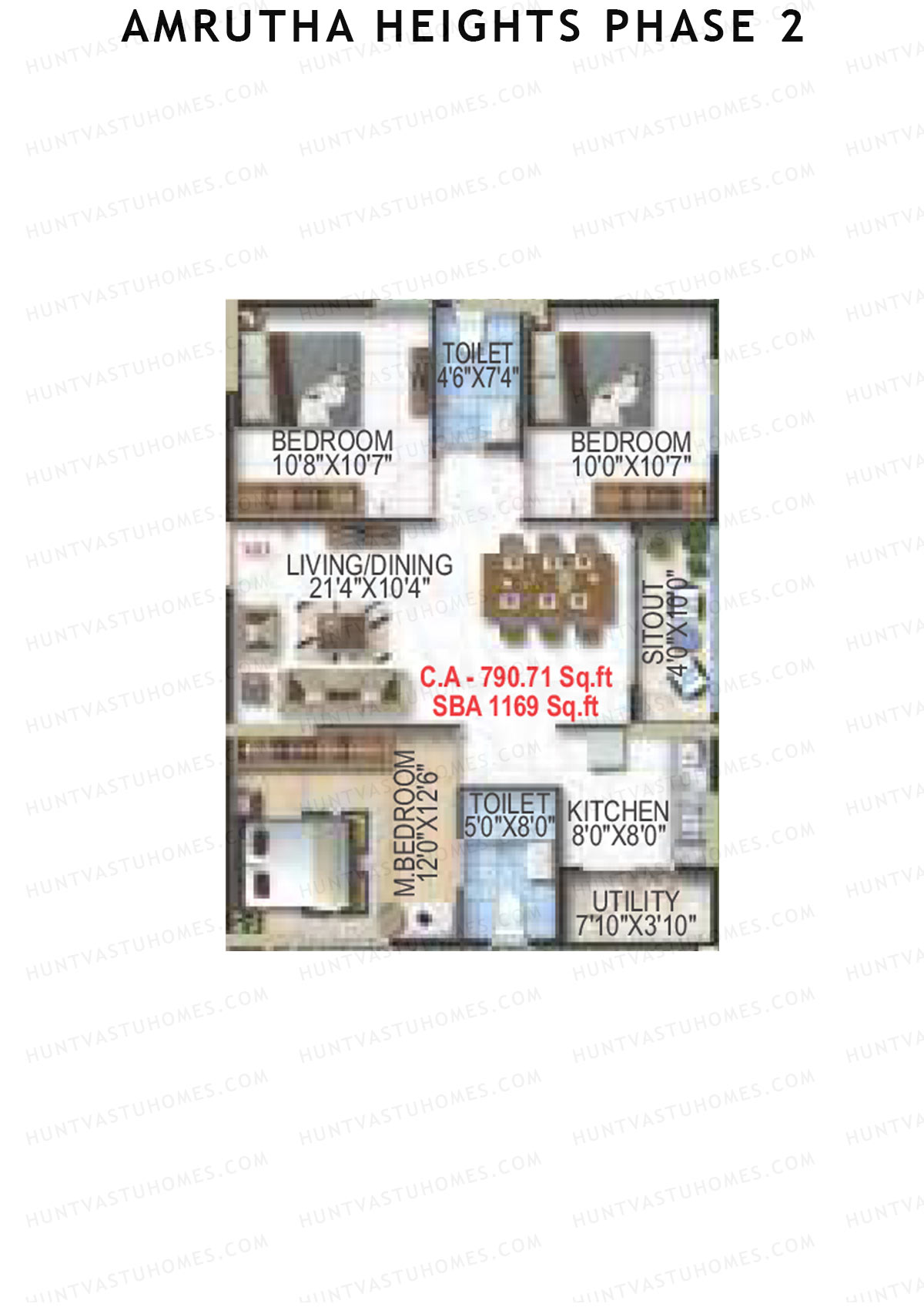 Amrutha Heights Phase 2, Tower A, Unit 3, 3BHK, Super Area 1169   sq ft 