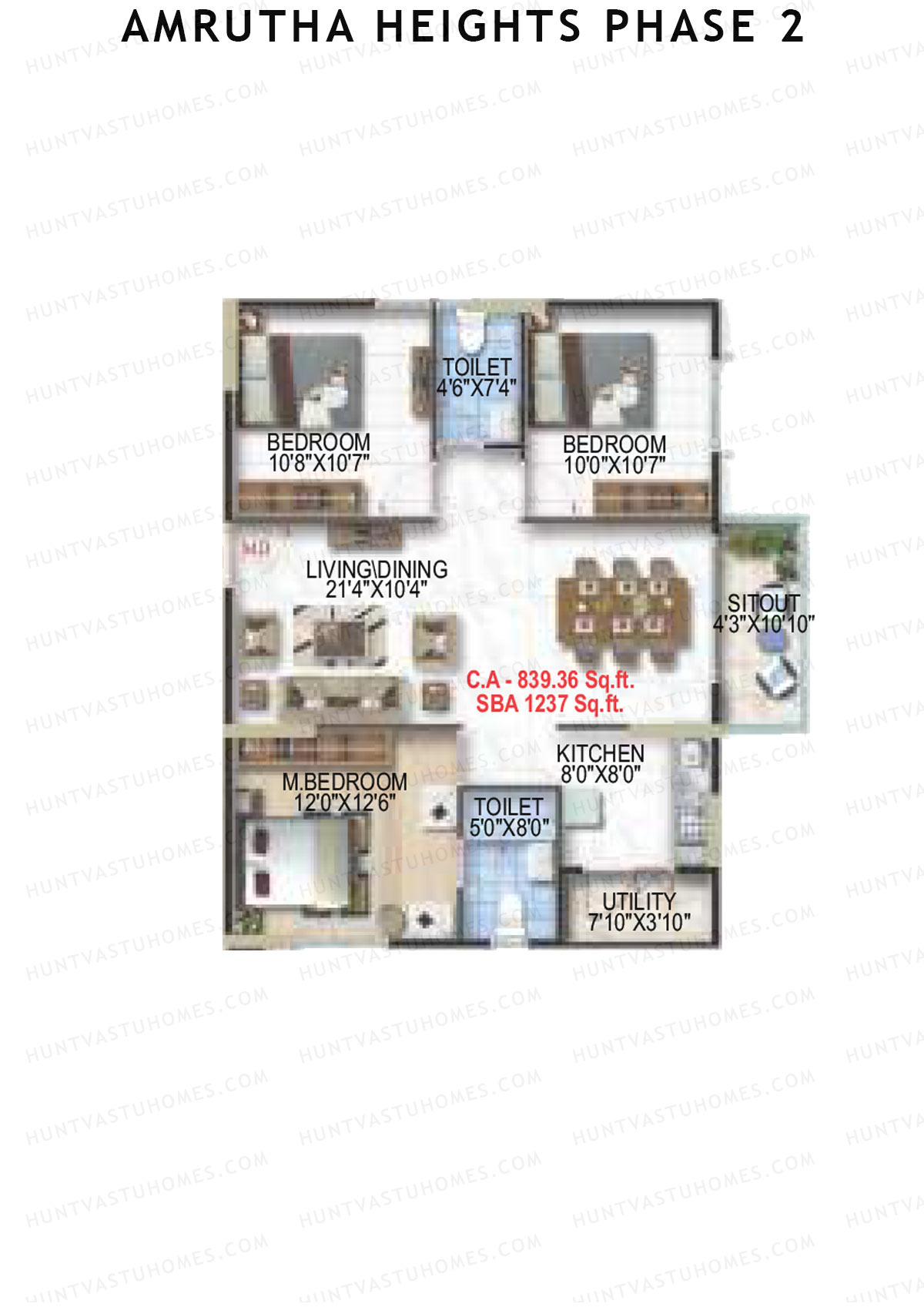 Amrutha Heights Phase 2, Tower A, Unit 3, 3BHK, Super Area 1237   sq ft 