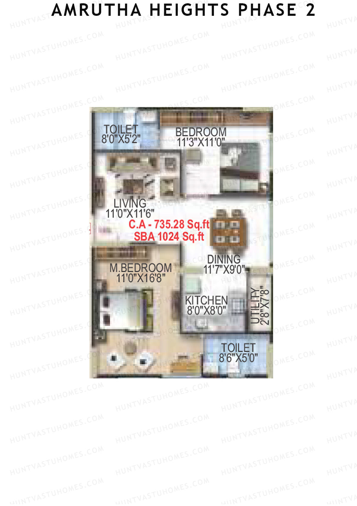 Amrutha Heights Phase 2, Tower A, Unit 4, 2BHK, Super Area 1024   sq ft 