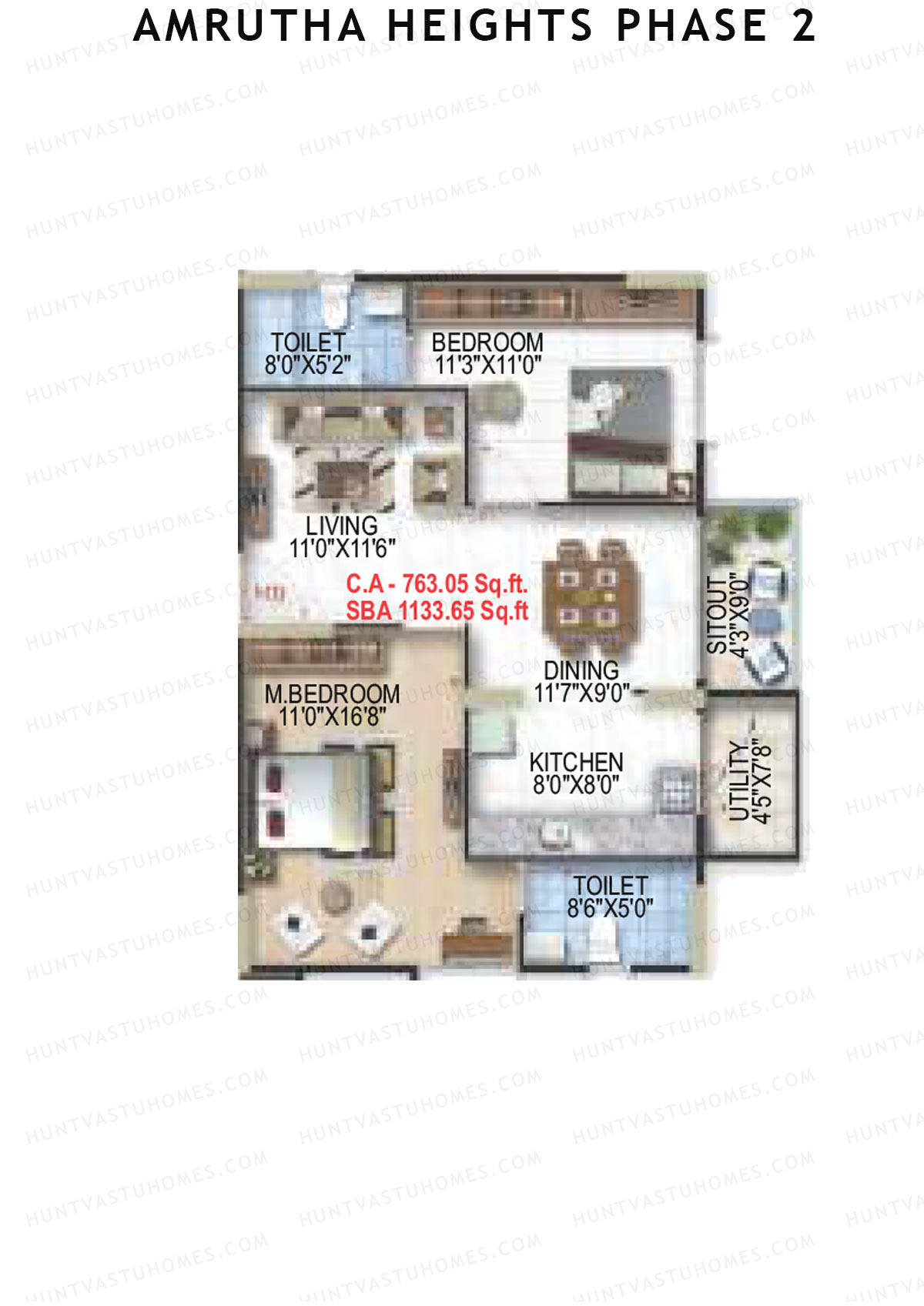 Amrutha Heights Phase 2, Tower A, Unit 4, 2BHK, Super Area 1133   sq ft 