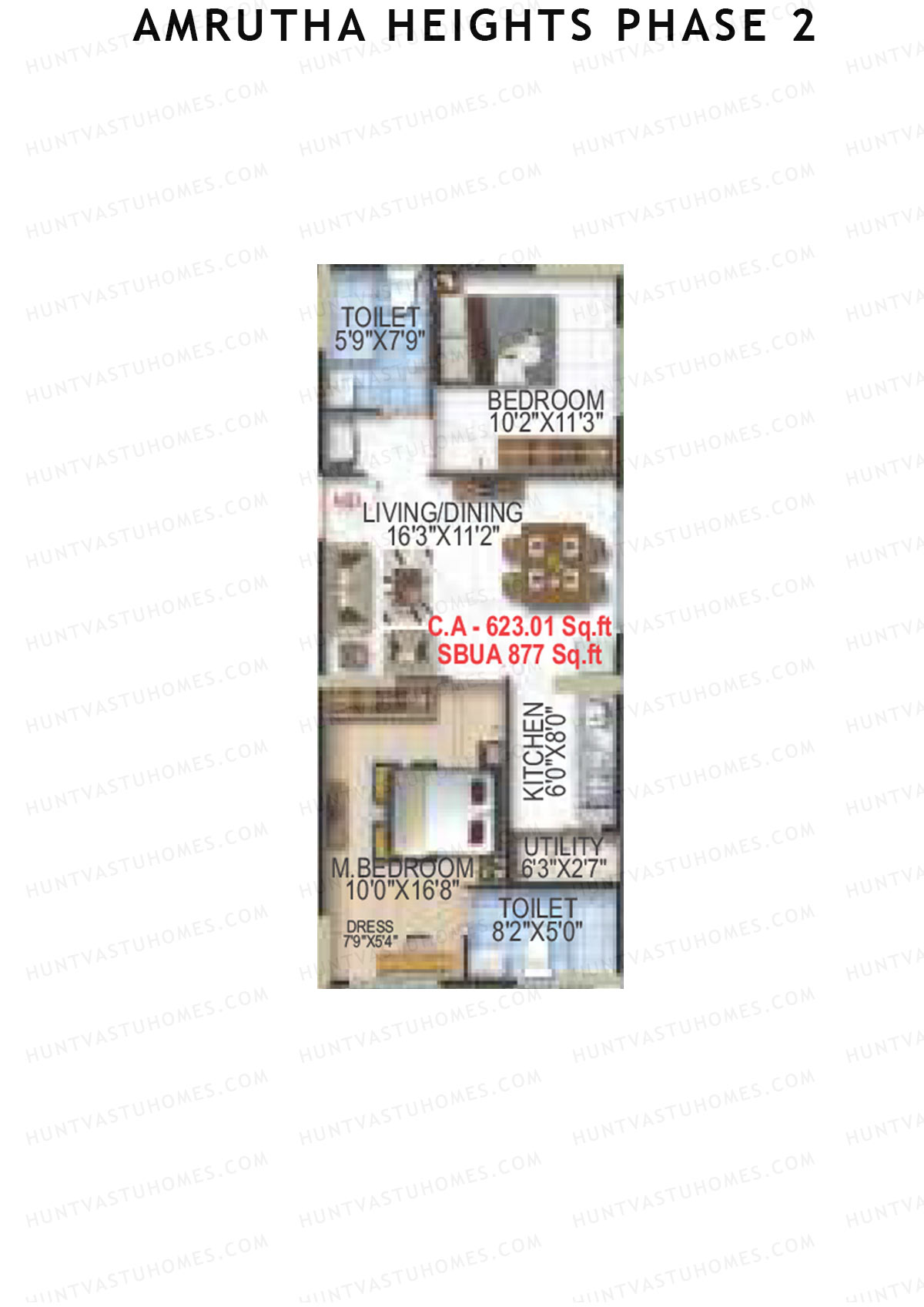 Amrutha Heights Phase 2, Tower A, Unit 5, 2BHK, Super Area 877   sq ft 