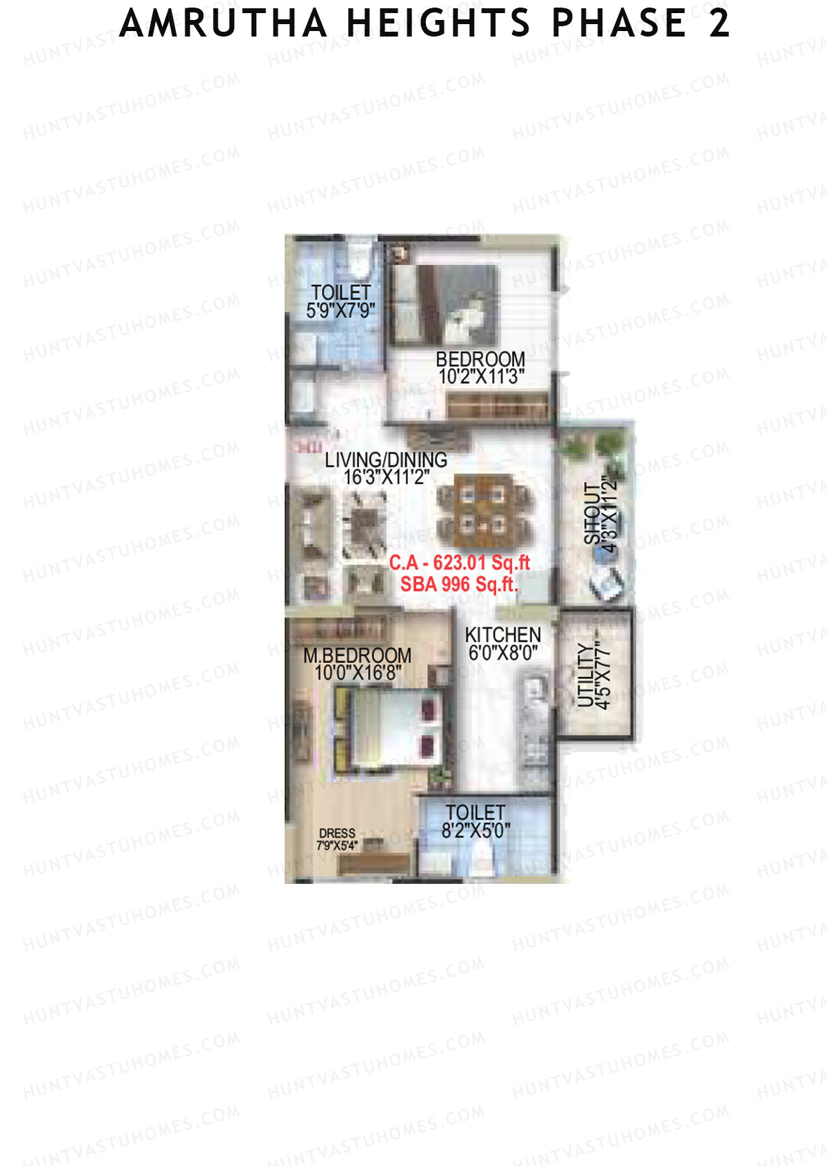 Amrutha Heights Phase 2, Tower A, Unit 5, 2BHK, Super Area 996   sq ft 