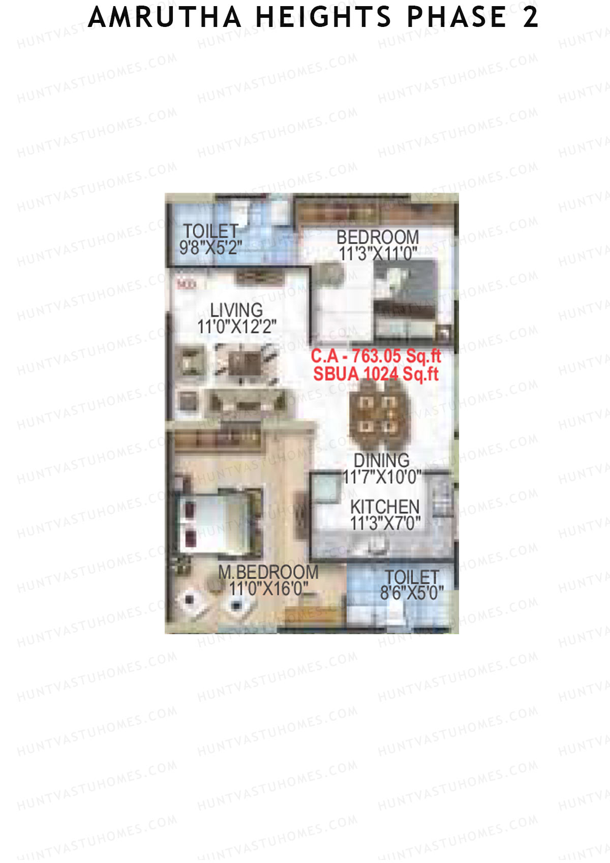 Amrutha Heights Phase 2, Tower A, Unit 6, 2BHK, Super Area 1024   sq ft 