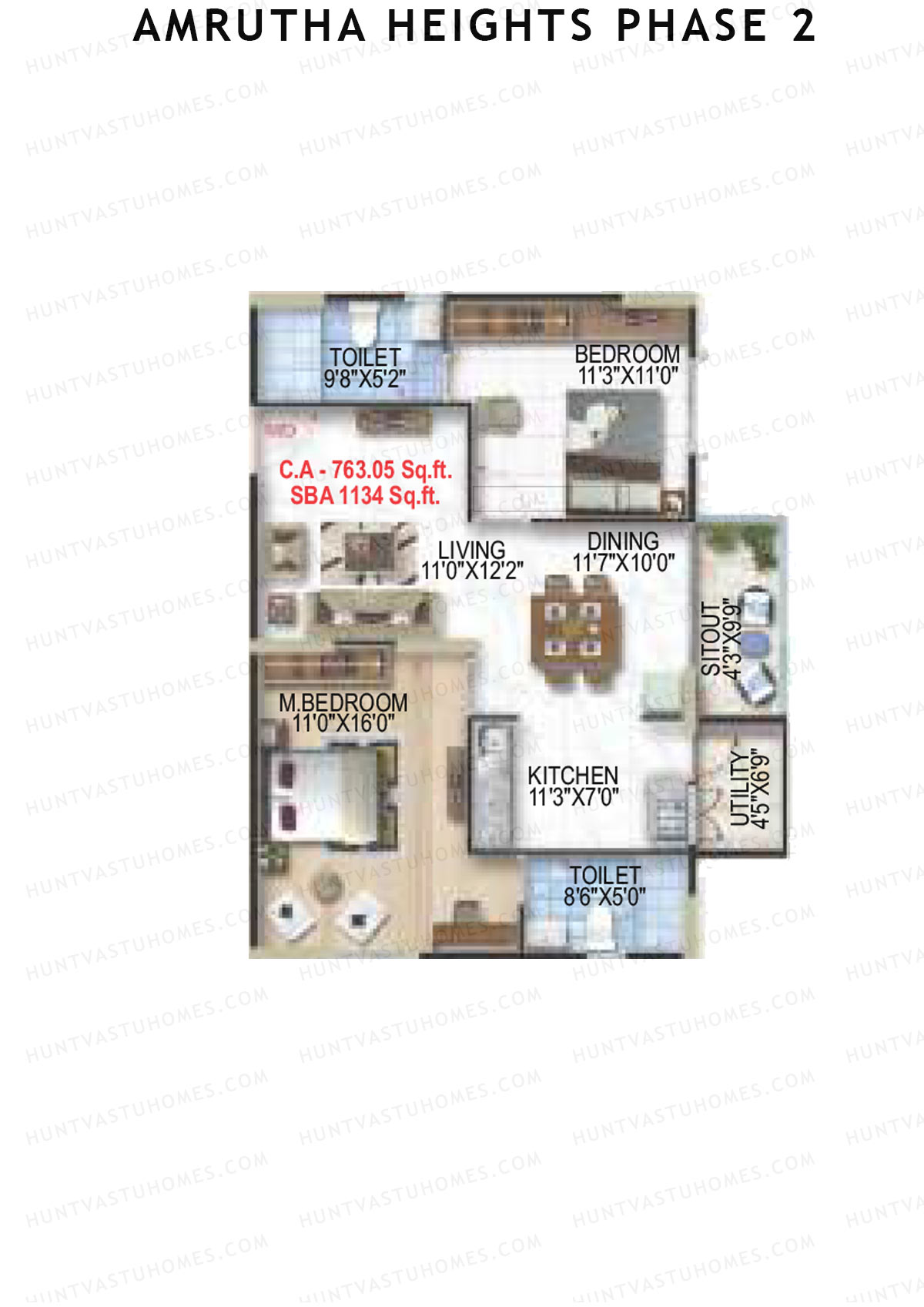 Amrutha Heights Phase 2, Tower A, Unit 6, 2BHK, Super Area 1134   sq ft 