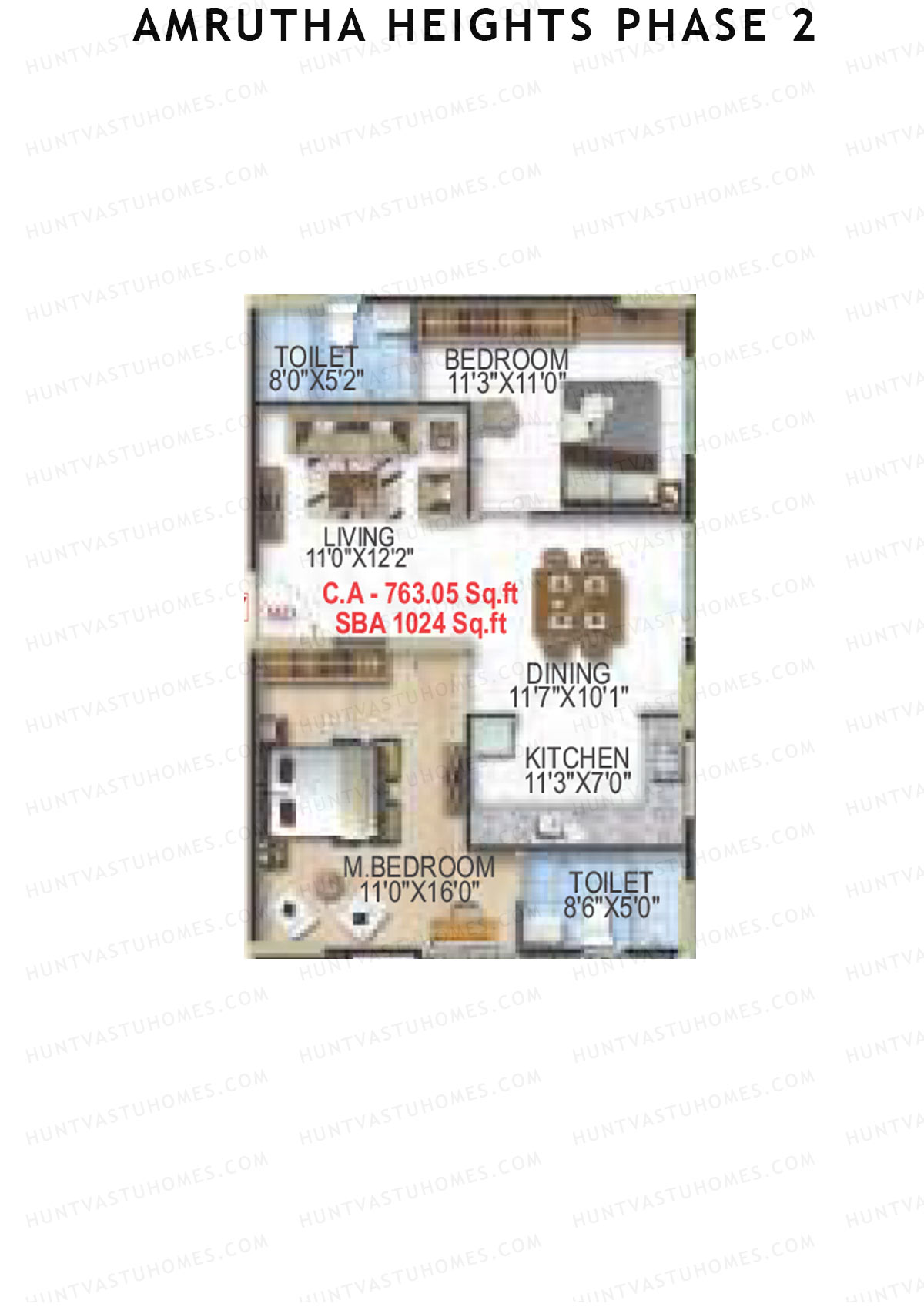 Amrutha Heights Phase 2, Tower A, Unit 7, 2BHK, Super Area 1024   sq ft 