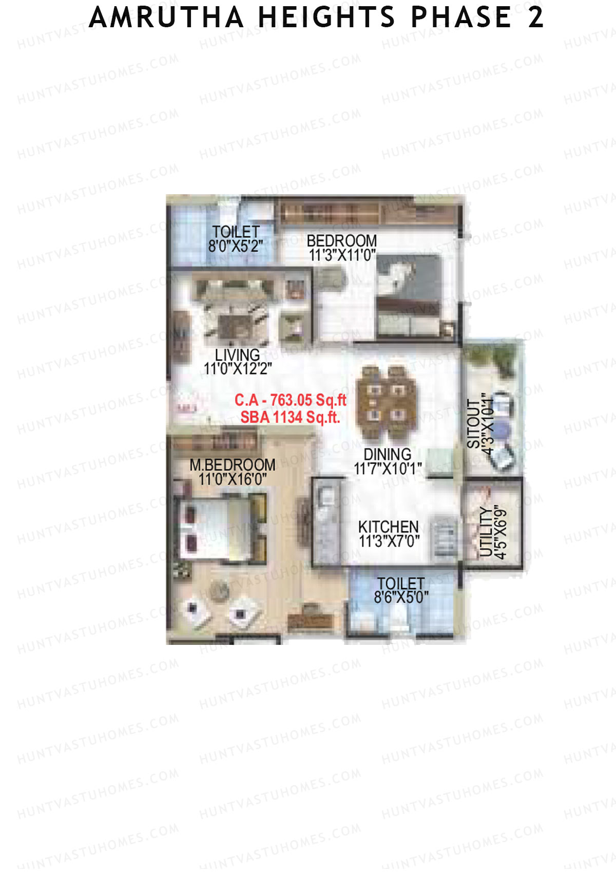 Amrutha Heights Phase 2, Tower A, Unit 7, 2BHK, Super Area 1134   sq ft 