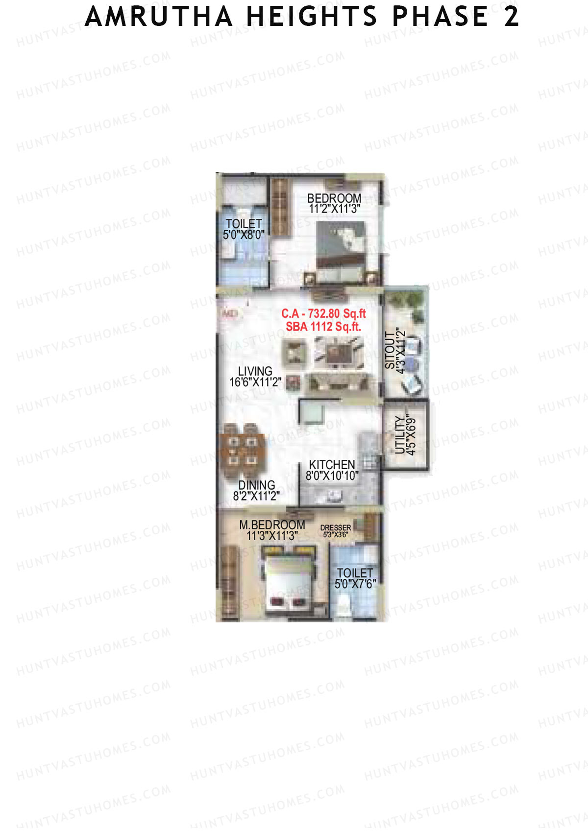 Amrutha Heights Phase 2, Tower A, Unit 8, 2BHK, Super Area 1112   sq ft 