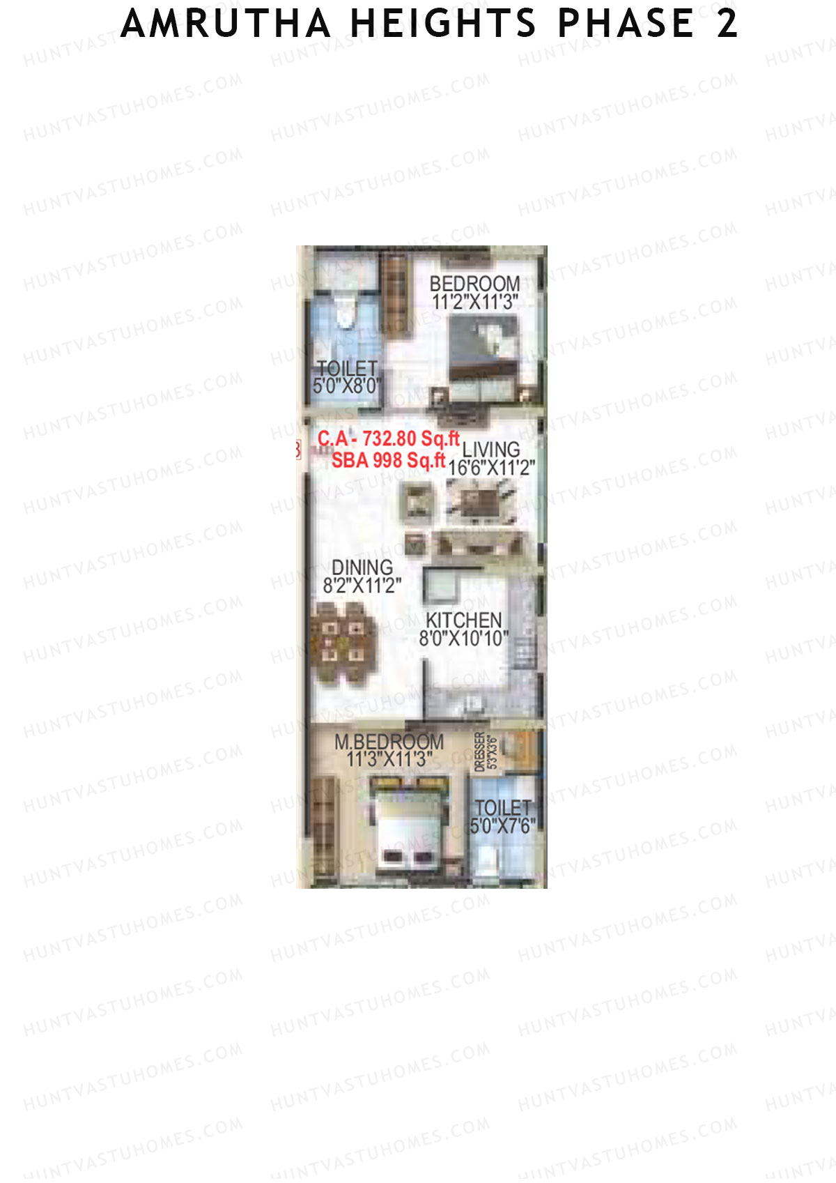 Amrutha Heights Phase 2, Tower A, Unit 8, 2BHK, Super Area 998   sq ft 