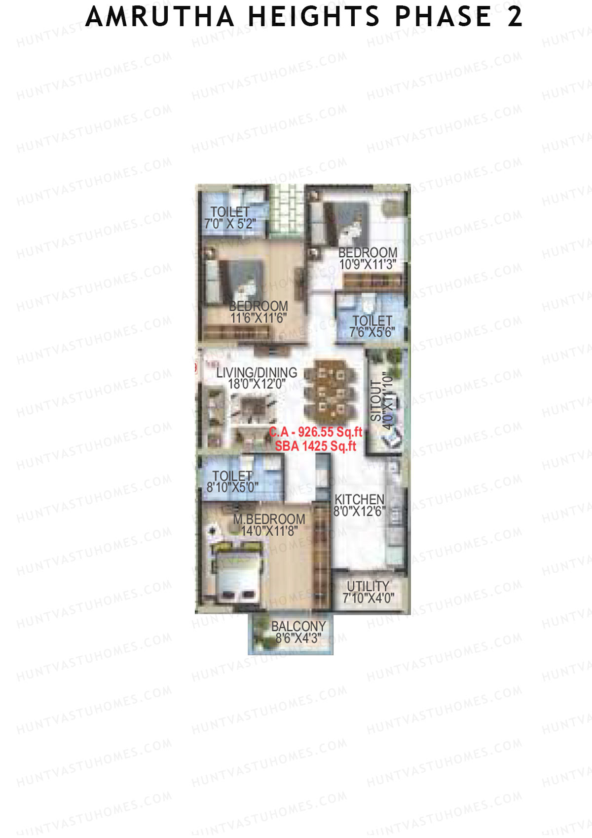 Amrutha Heights Phase 2, Tower A, Unit 9, 3BHK, Super Area 1425   sq ft 